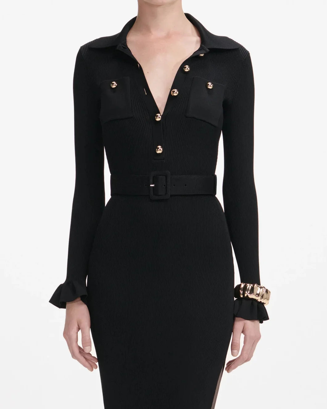 SELF PORTRAIT ribbed knit maxi dress black on figure front detail