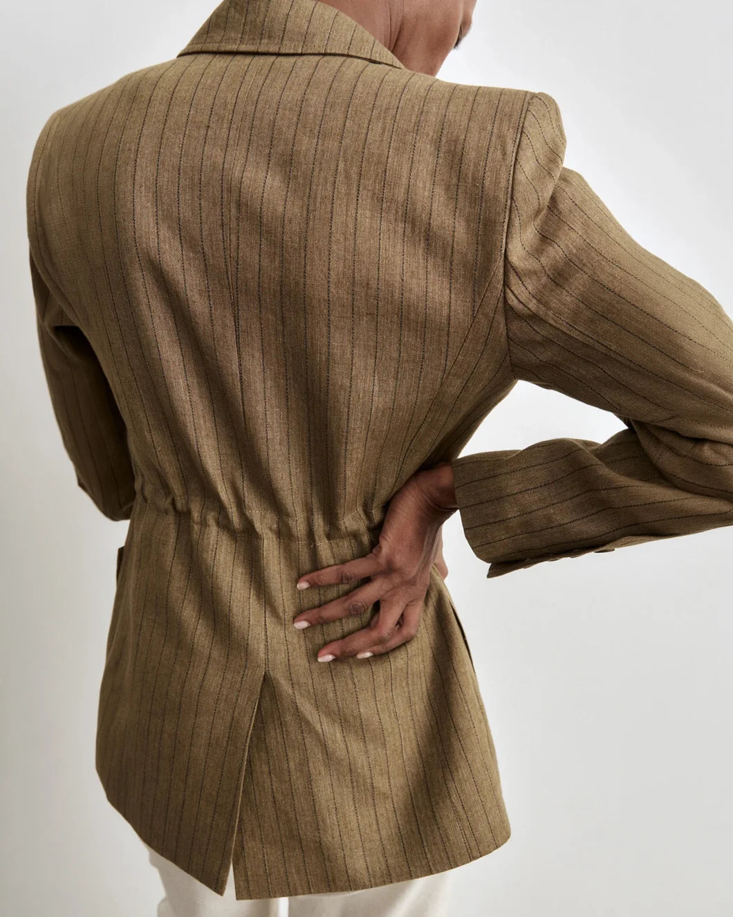 SMYTHE Drawcord Blazer Teak Pinstripe on figure back