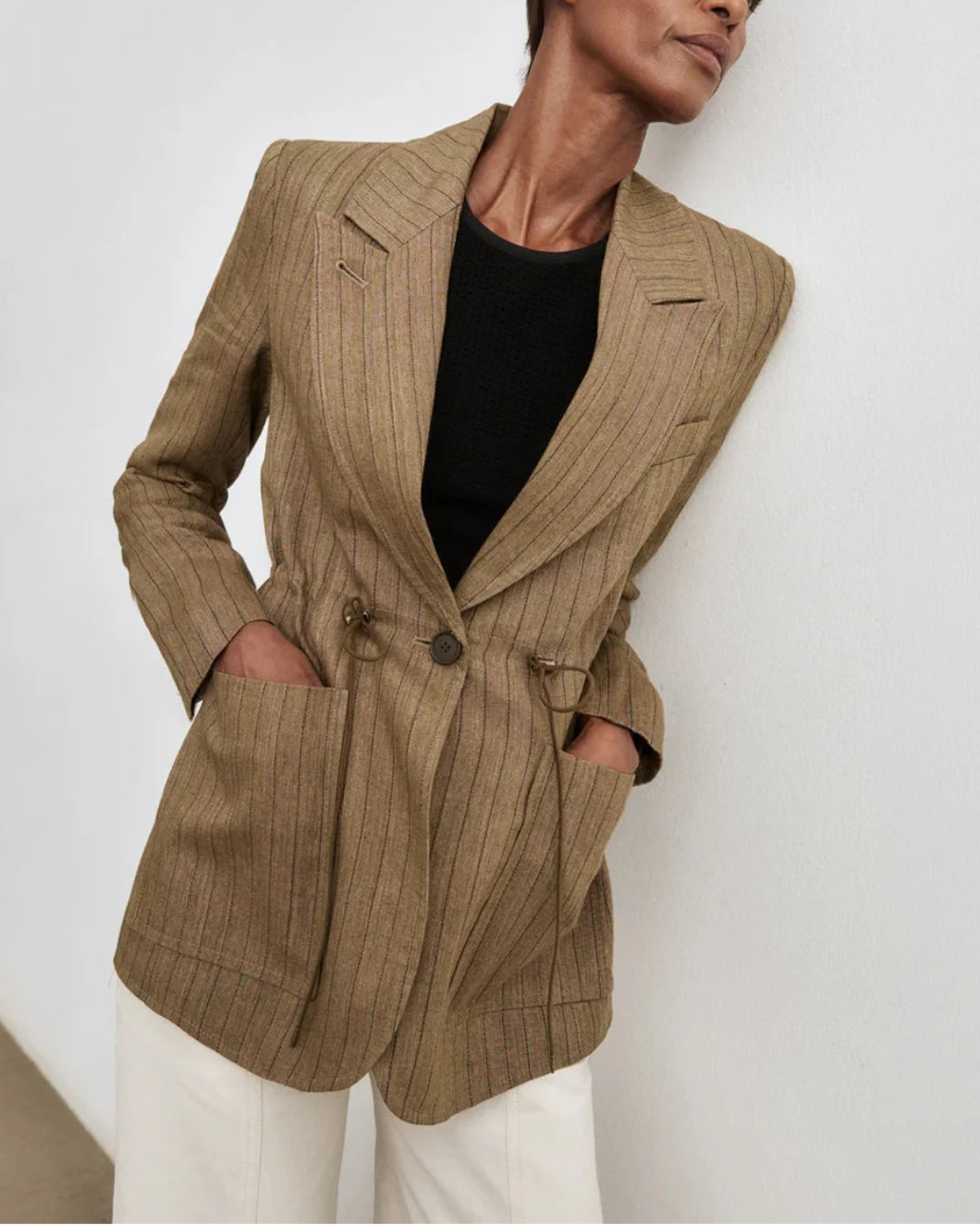 SMYTHE Drawcord Blazer Teak Pinstripe on figure front 2