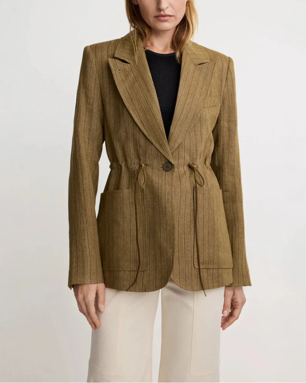 SMYTHE Drawcord Blazer Teak Pinstripe on figure front
