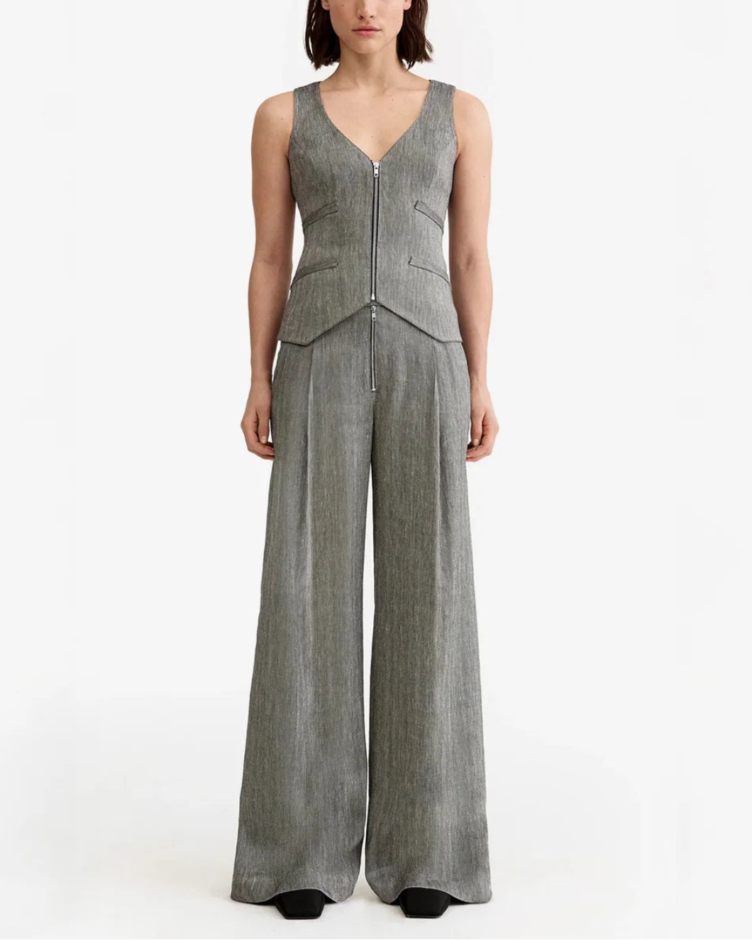 SMYTHE exposed zip pleated pat granite on figure front