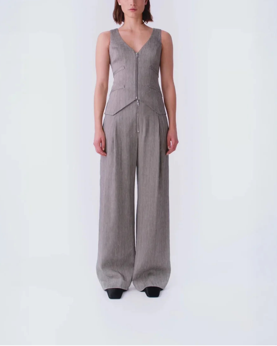 SMYTHE exposed zip pleated pat granite on figure front