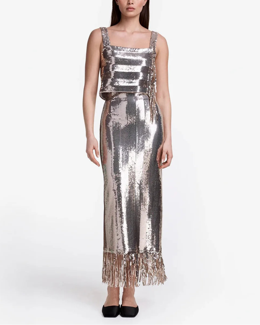 SMYTHE high waisted sequin midi skirt champagne on figure front