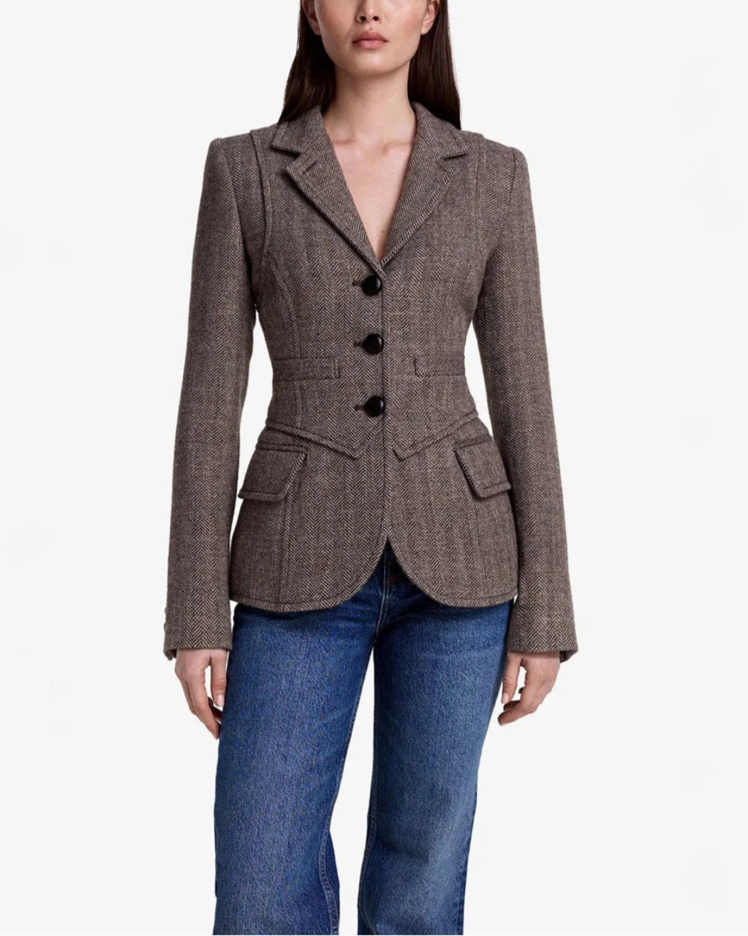 SMYTHE three button blazer mushroom herringbone on figure front