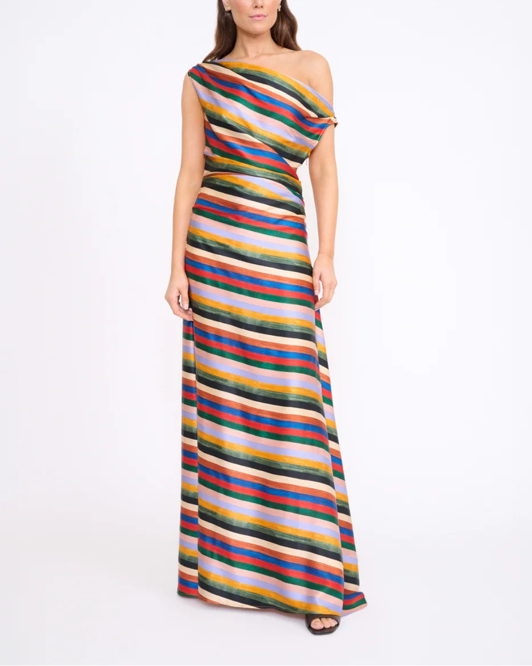 STAUD Phare Silk Maxi Dress artist stripe on figure front