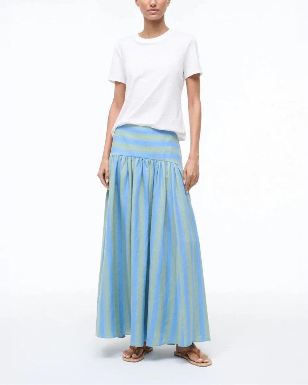 STAUD Procida Linen Skirt Seaport Stripe on figure front