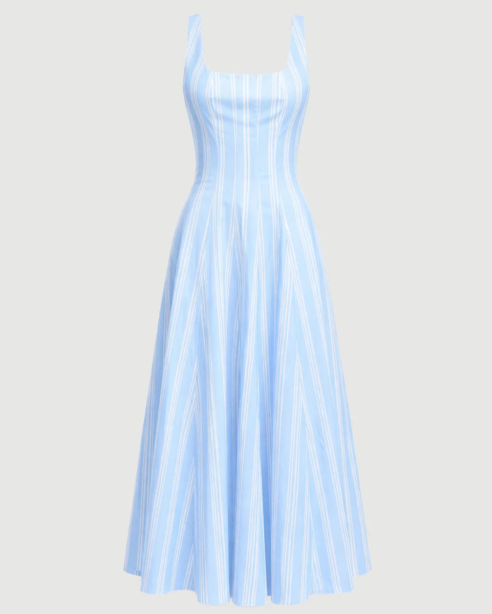 staud wells dress STAUD, in Ventura Stripe, Size 12 Pleated waist Cowl Back Satin Bridesmaid Replenishment Color Name:Pink/ Seafoam Blue