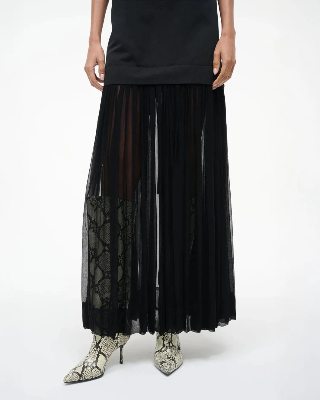 STAUD pia dress black on figure front bottom detail