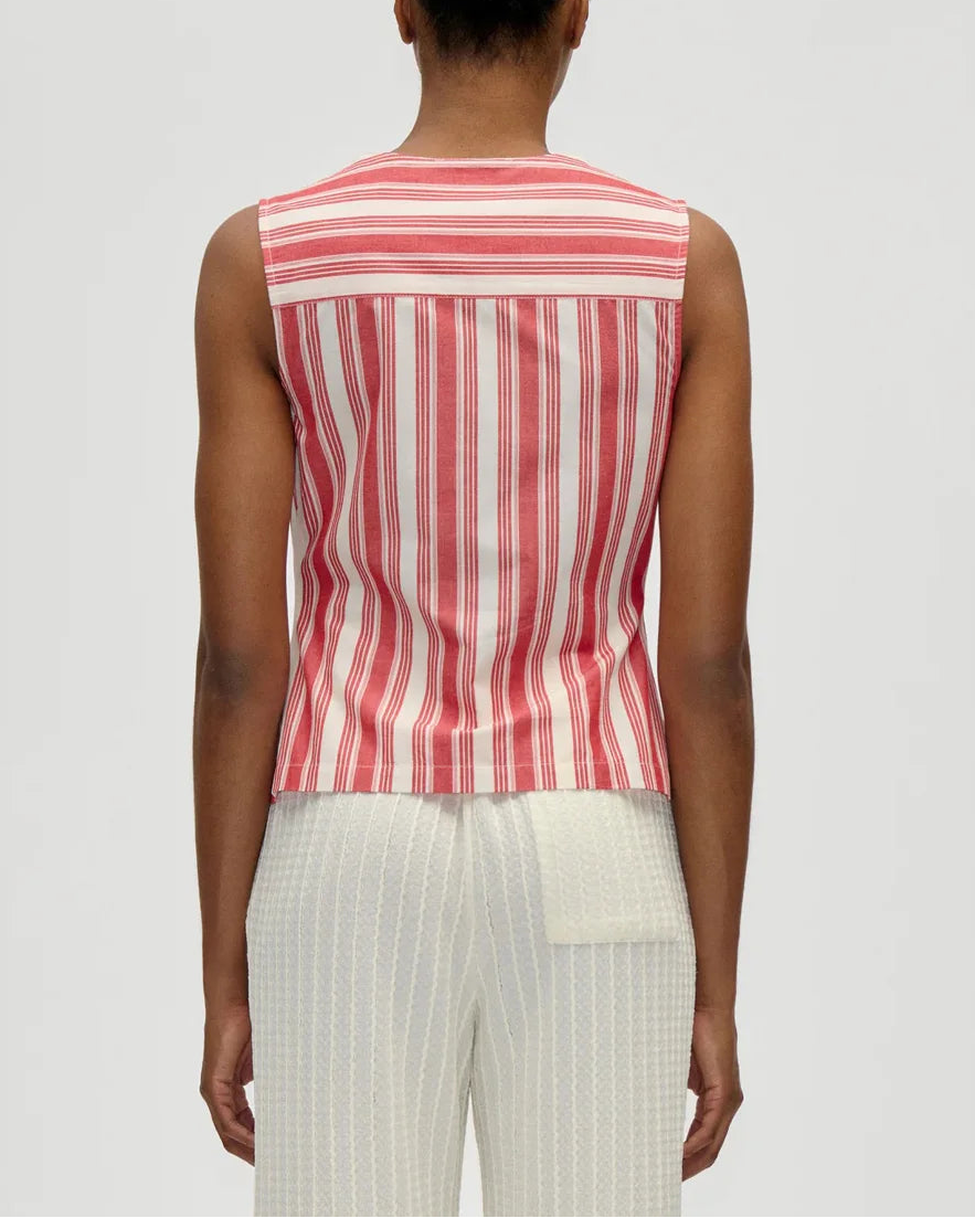 STINE GOYA Striped Embroidered Cotton Tie Front Vest in Scarlet Trot on figure back