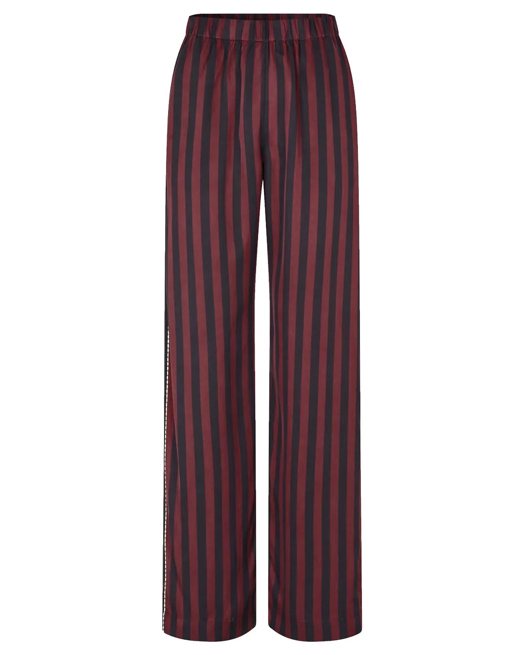 STINE GOYA elasticated long pants navy. burgundy wallpaper stripes front isolated