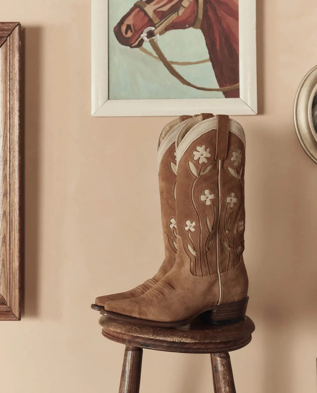 THE GREAT The Cowboy Boot tan floral side