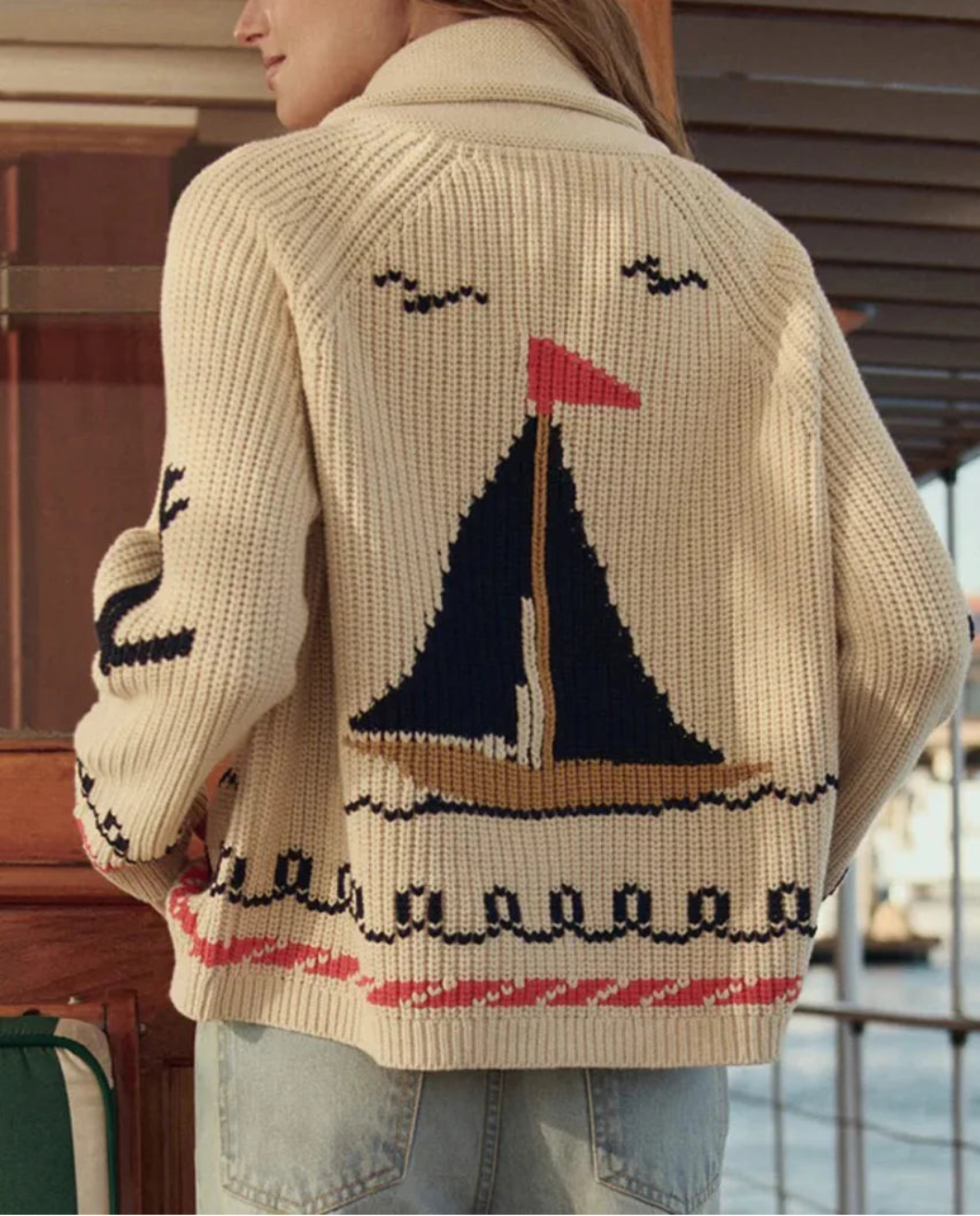 THE GREAT The Sailboat Lodge Cardigan Cream on figure back