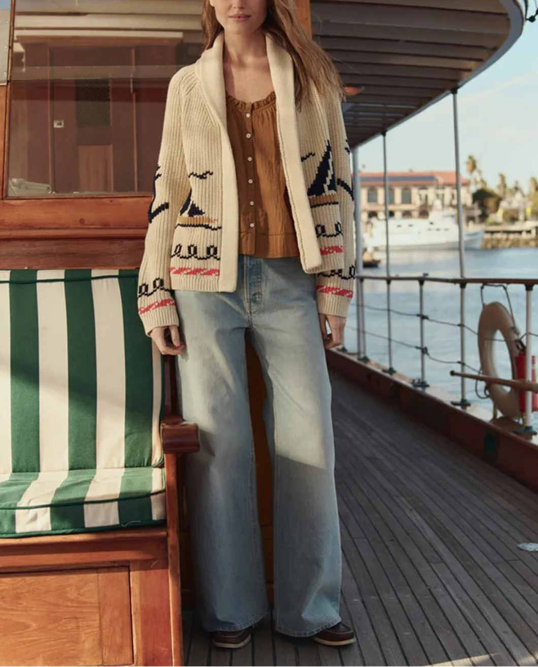THE GREAT The Sailboat Lodge Cardigan Cream on figure front 1