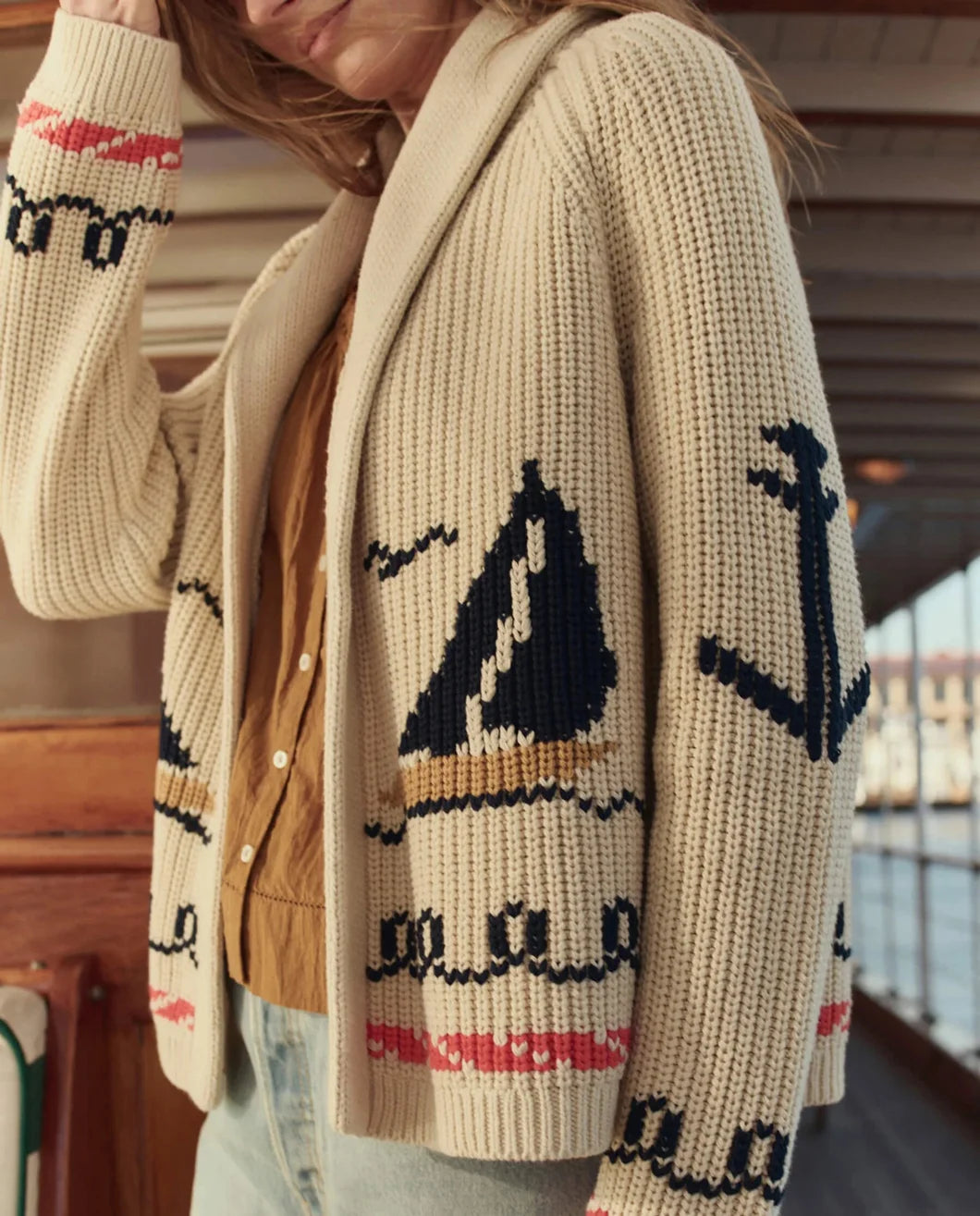 THE GREAT The Sailboat Lodge Cardigan Cream on figure side