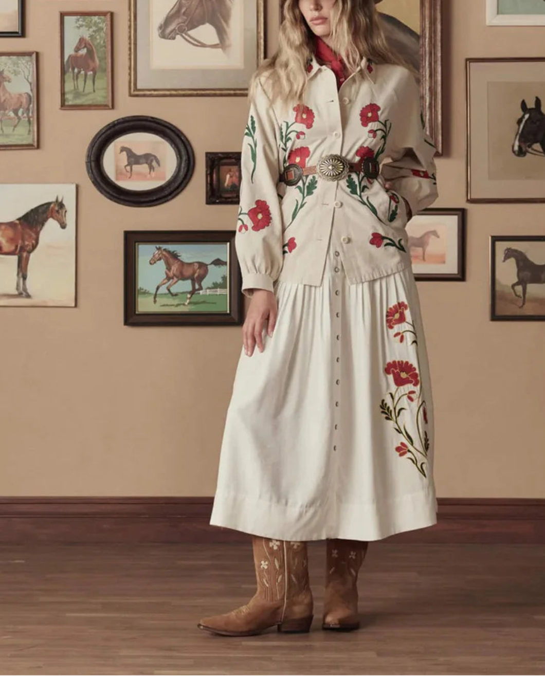 THE GREAT The Western Embroidered Commodore Jacket cream on figure front 1