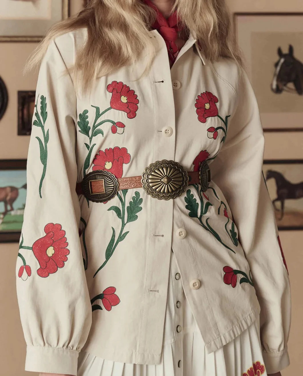THE GREAT The Western Embroidered Commodore Jacket cream on figure front detail