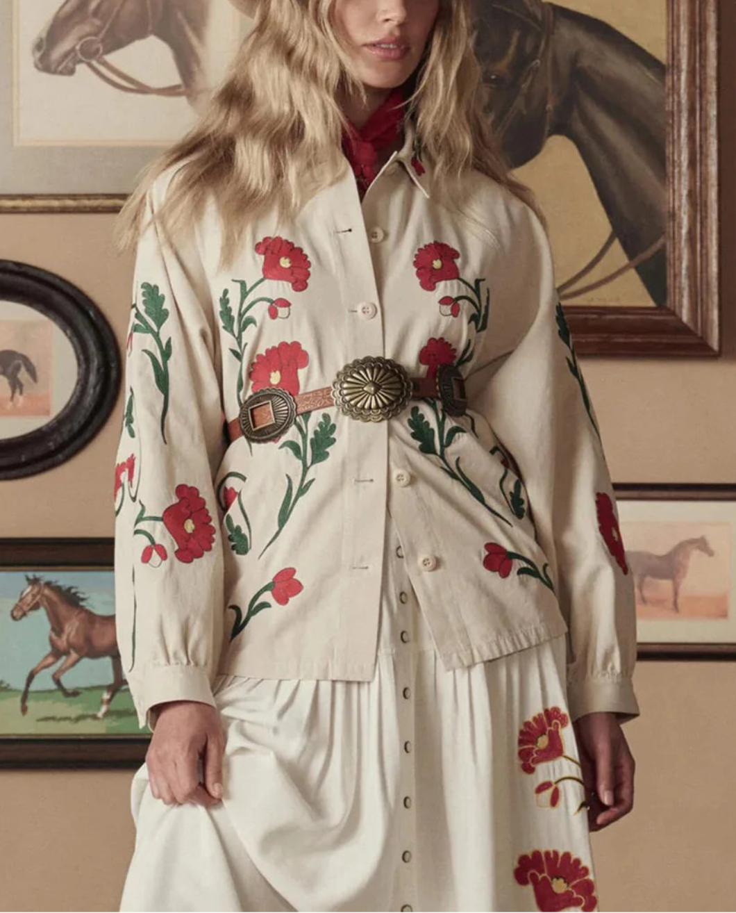 THE GREAT The Western Embroidered Commodore Jacket cream on figure front