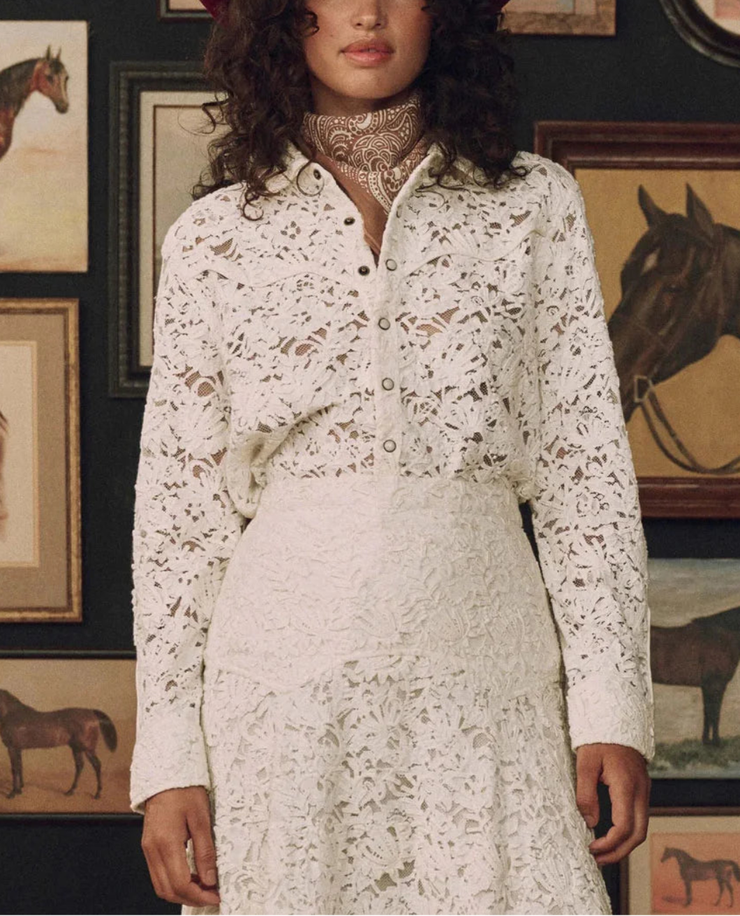 THE GREAT The Relic Lace Saddle Shirt cream on figure front
