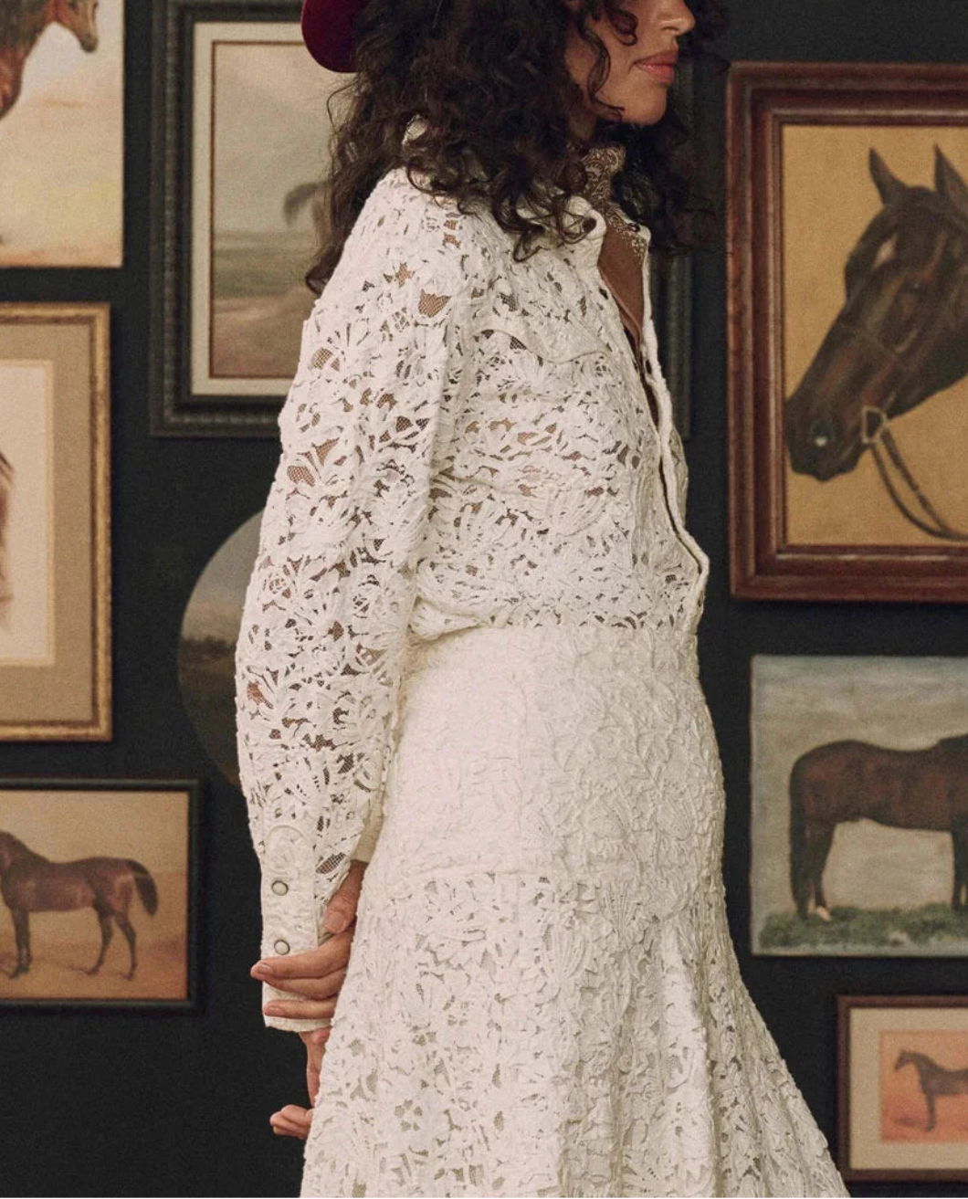 THE GREAT The Relic Lace Saddle Shirt cream on figure side