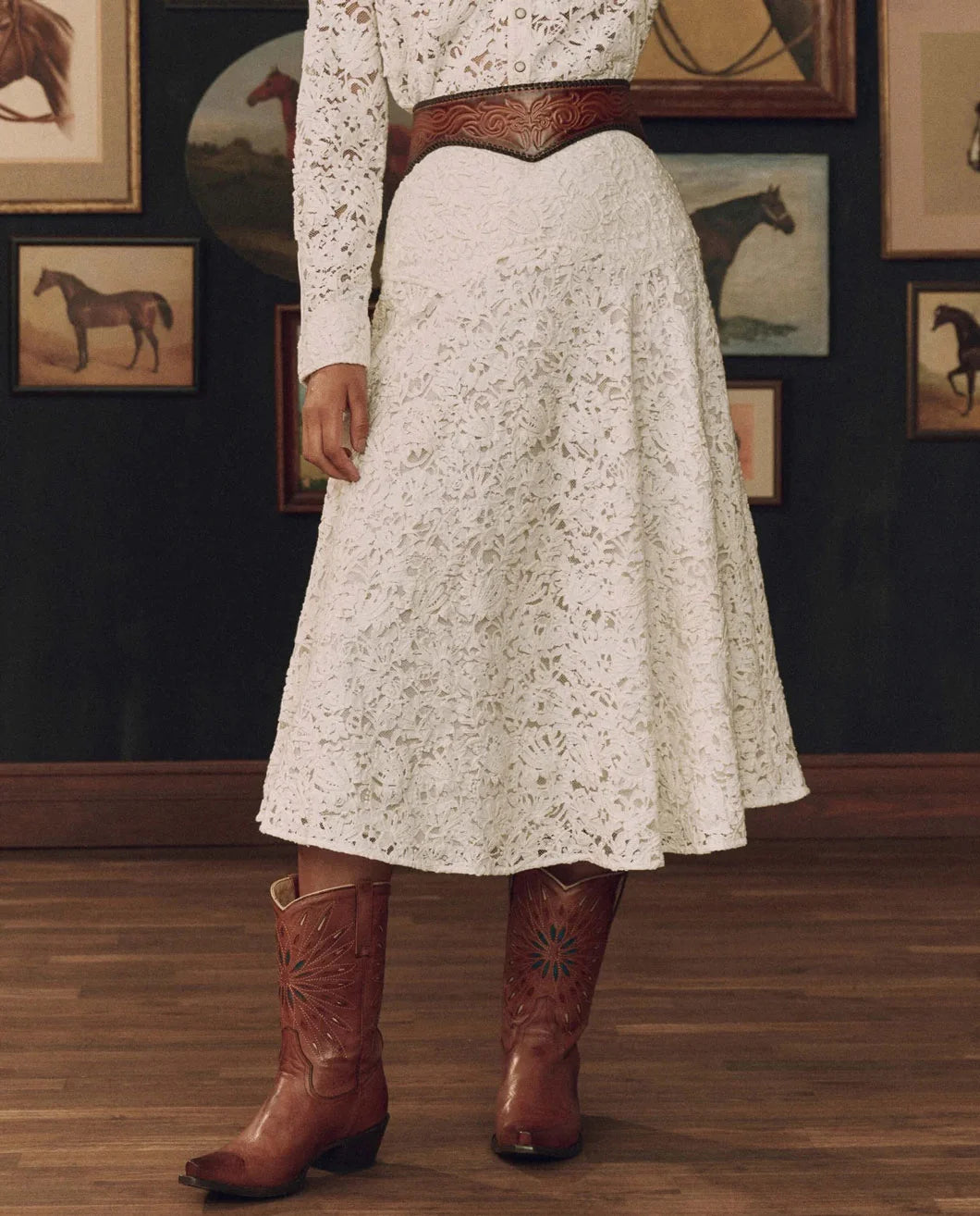 THE GREAT The Relic Lace Western Skirt cream on figure front 1