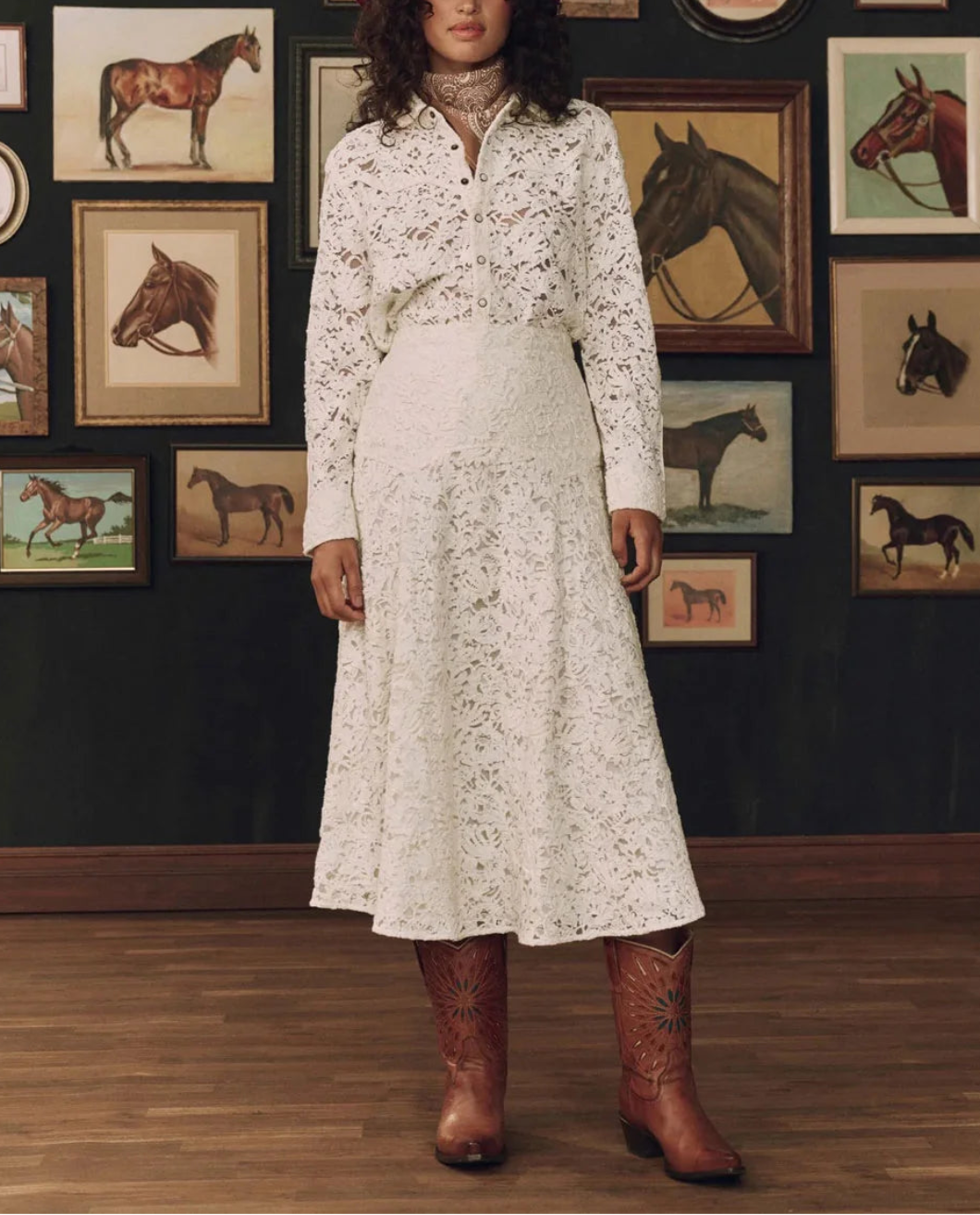 THE GREAT The Relic Lace Western Skirt cream on figure front 2