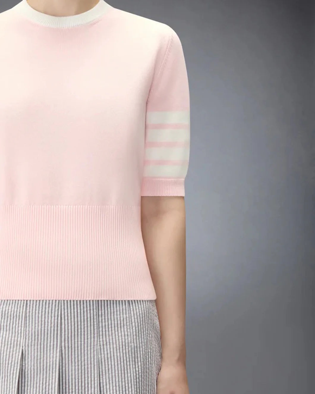 THOM BROWNE hector classic ss tee pink on figure front detail