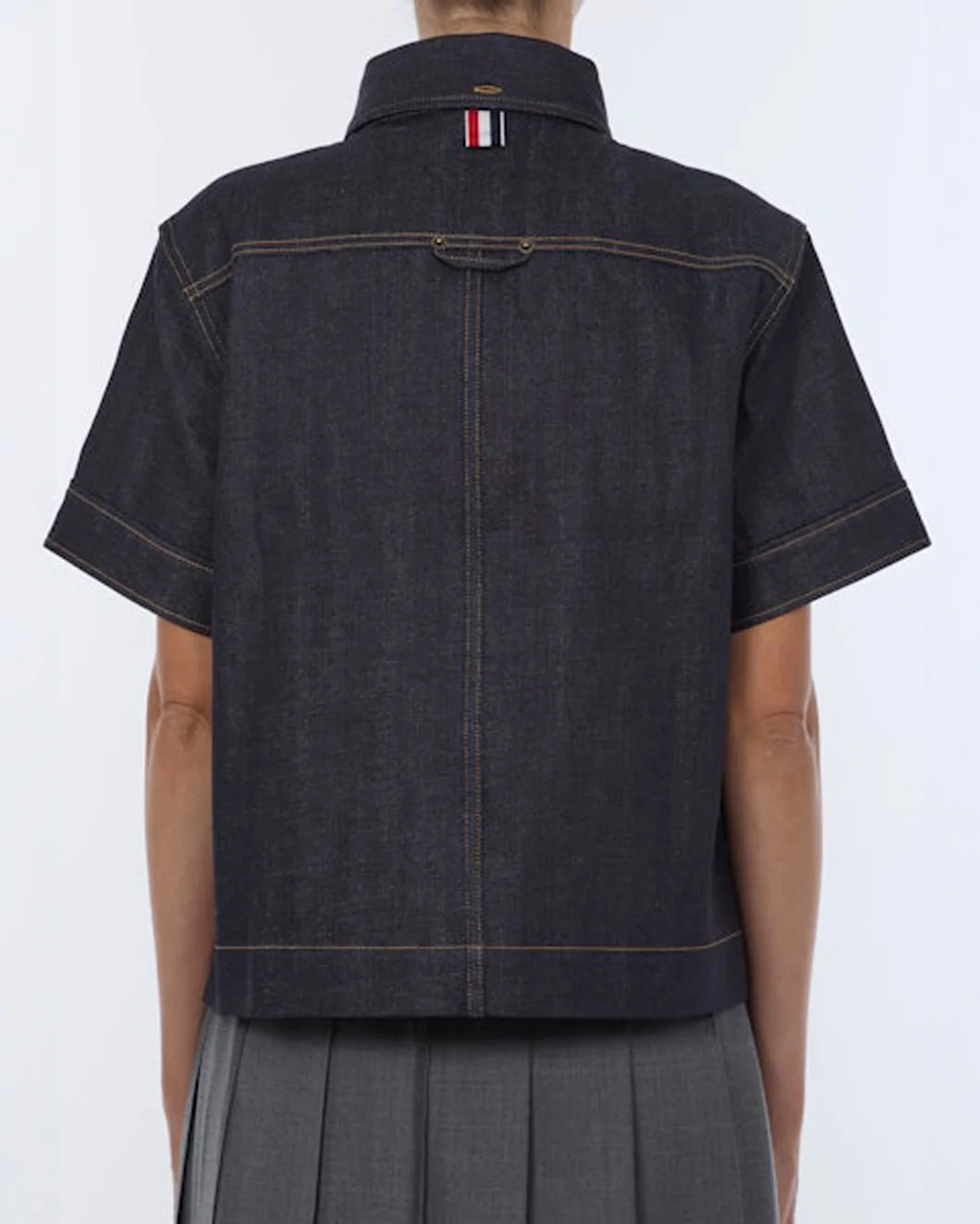 THOM BROWNE Japanese Selvedge Denim Button Down navy on figure back