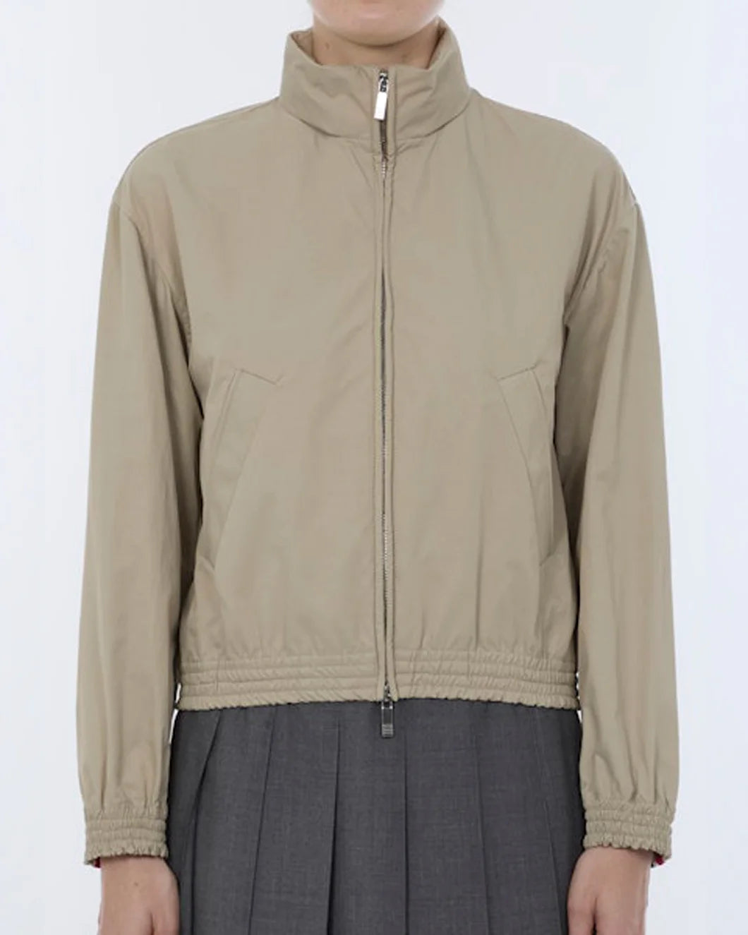 THOM BROWNE Nylon Cotton Track Jacket beige on figure front