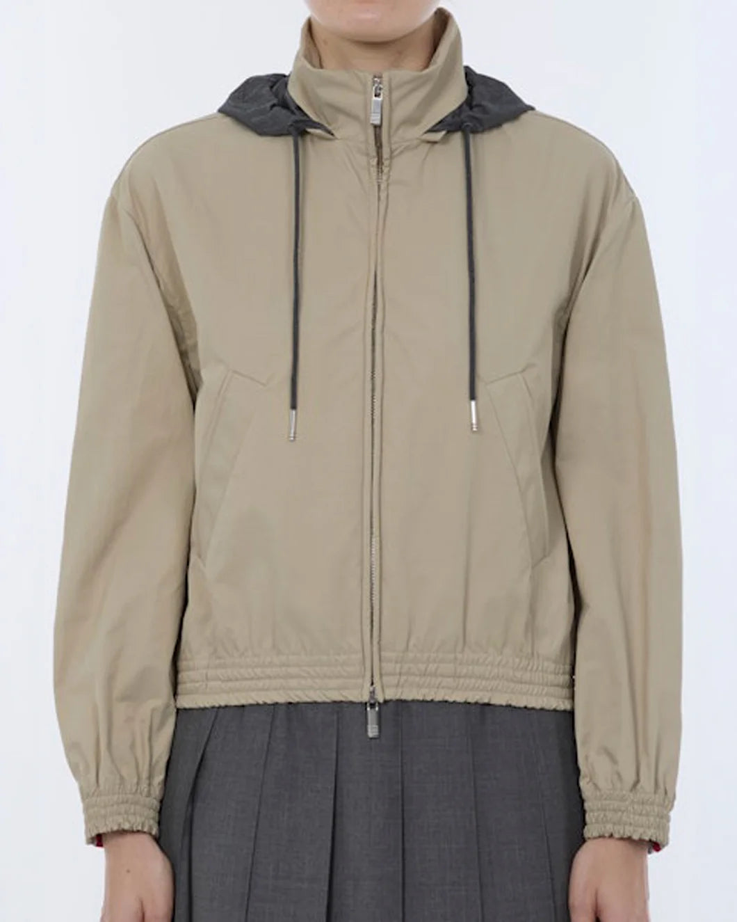 THOM BROWNE Nylon Cotton Track Jacket beige on figure front 1