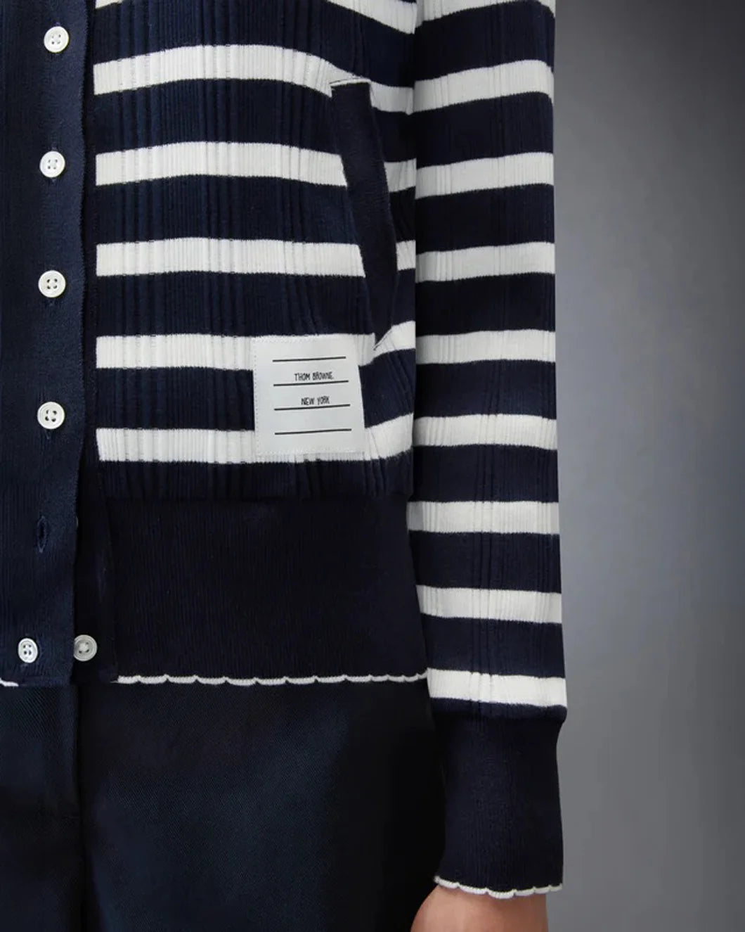 THOM BROWNE Striped Rib Scallop Edge Cardigan navy/white on figure front detail