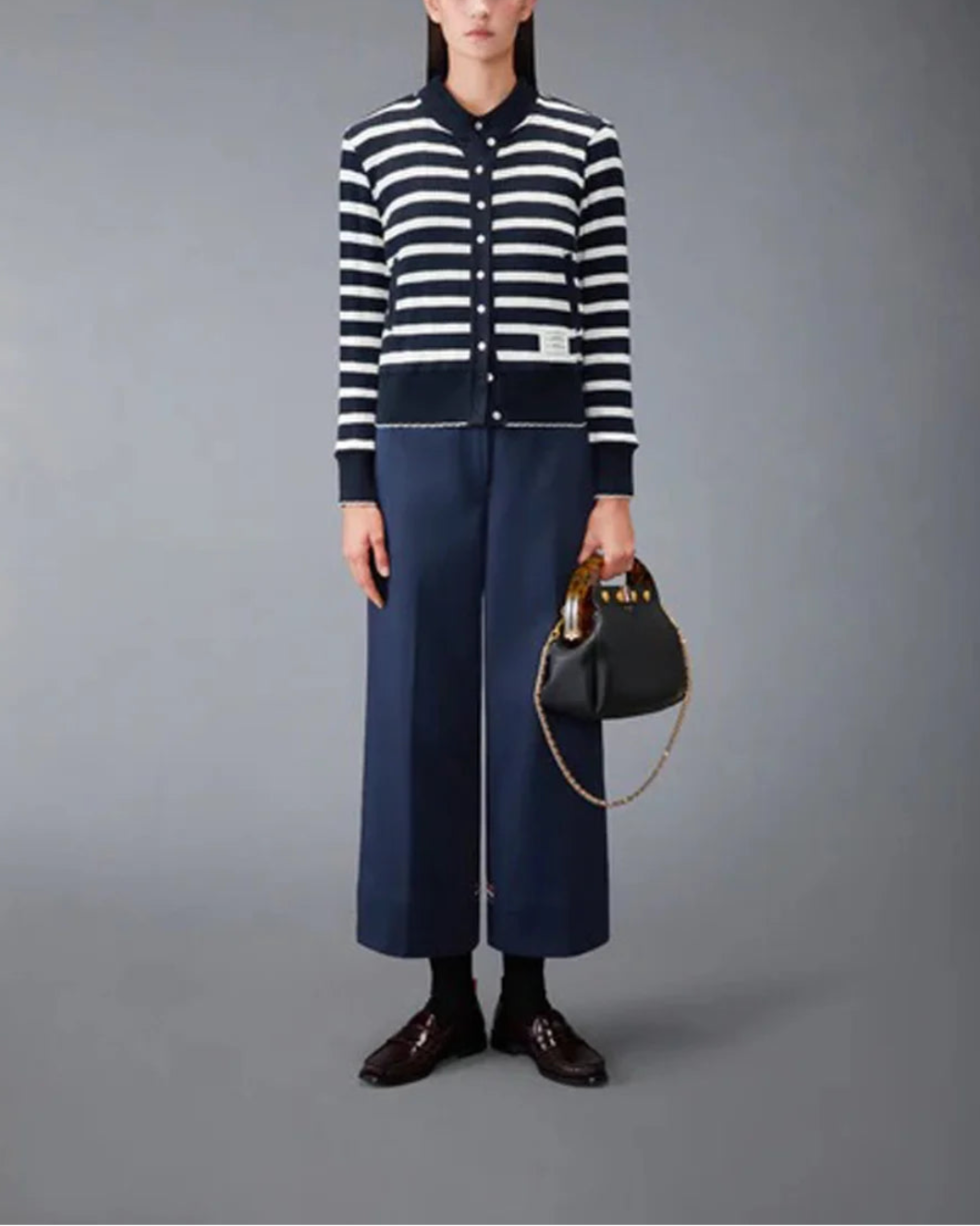 THOM BROWNE Striped Rib Scallop Edge Cardigan navy/white on figure front 1