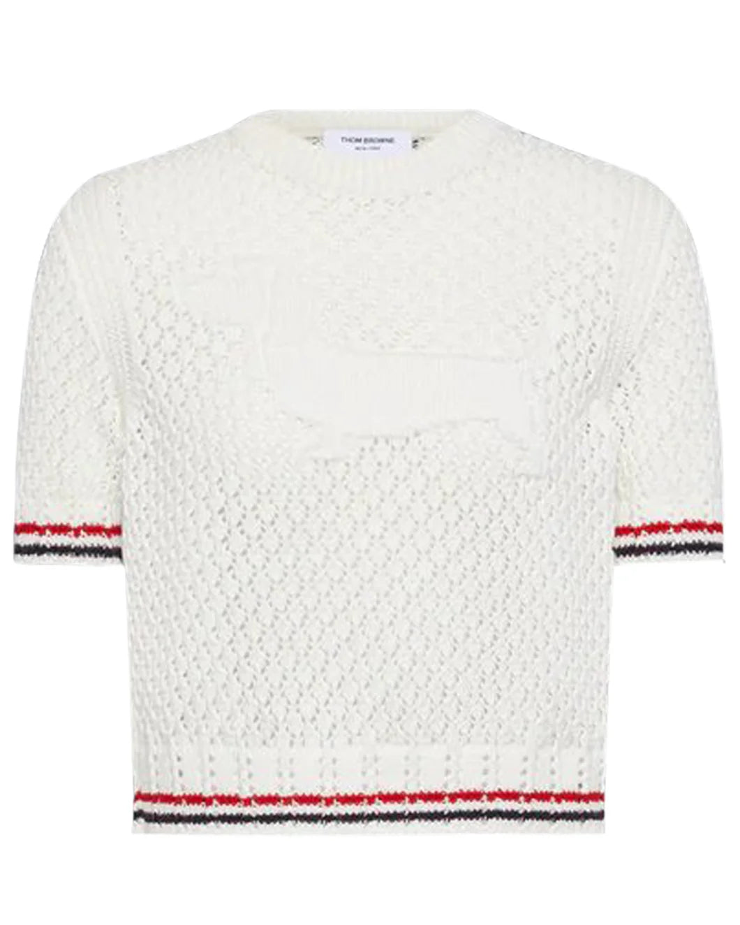 THOM BROWNE hector icon pointelle stitch crew neck tee white front isolated