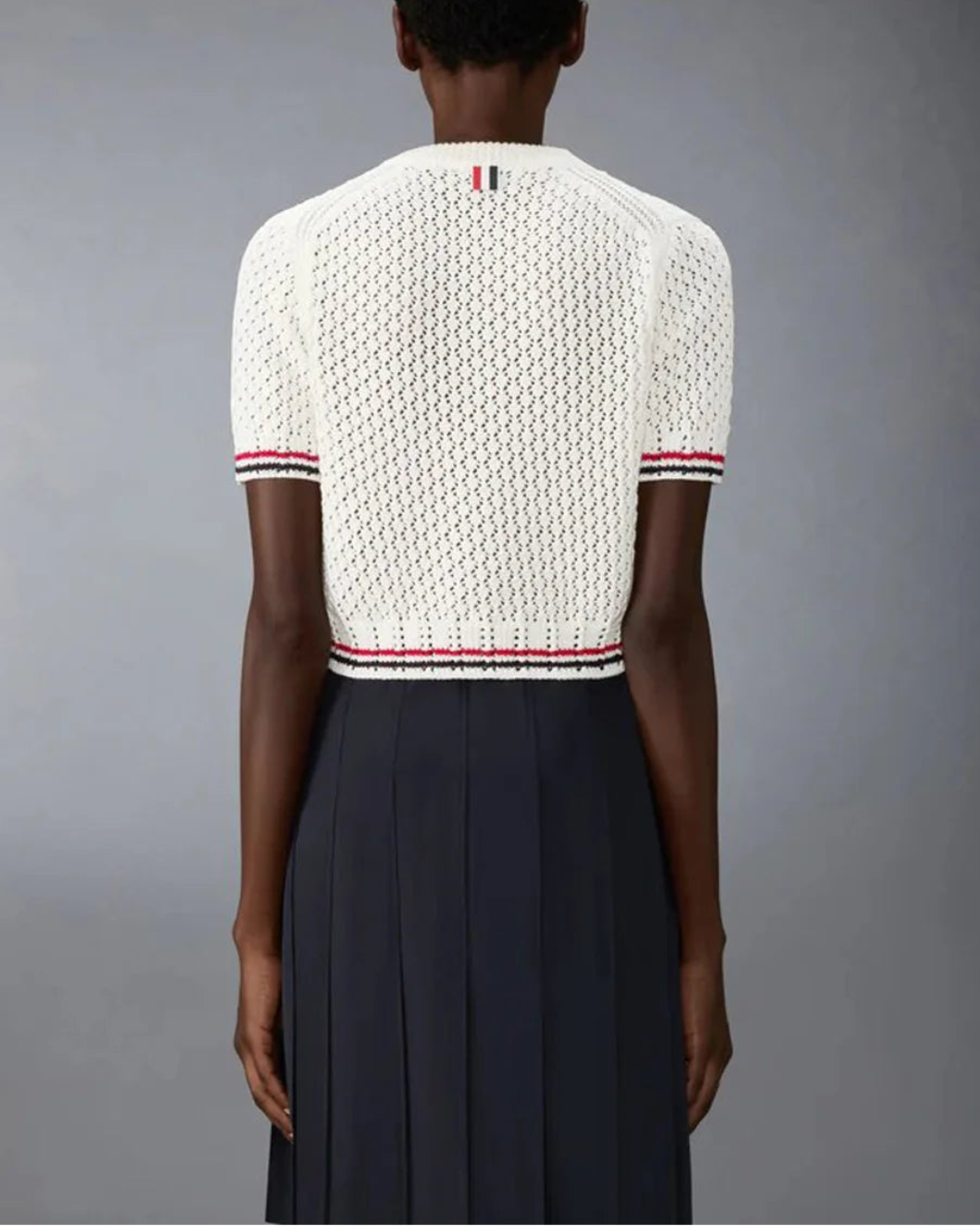 THOM BROWNE hector icon pointelle stitch crew neck tee white on figure back
