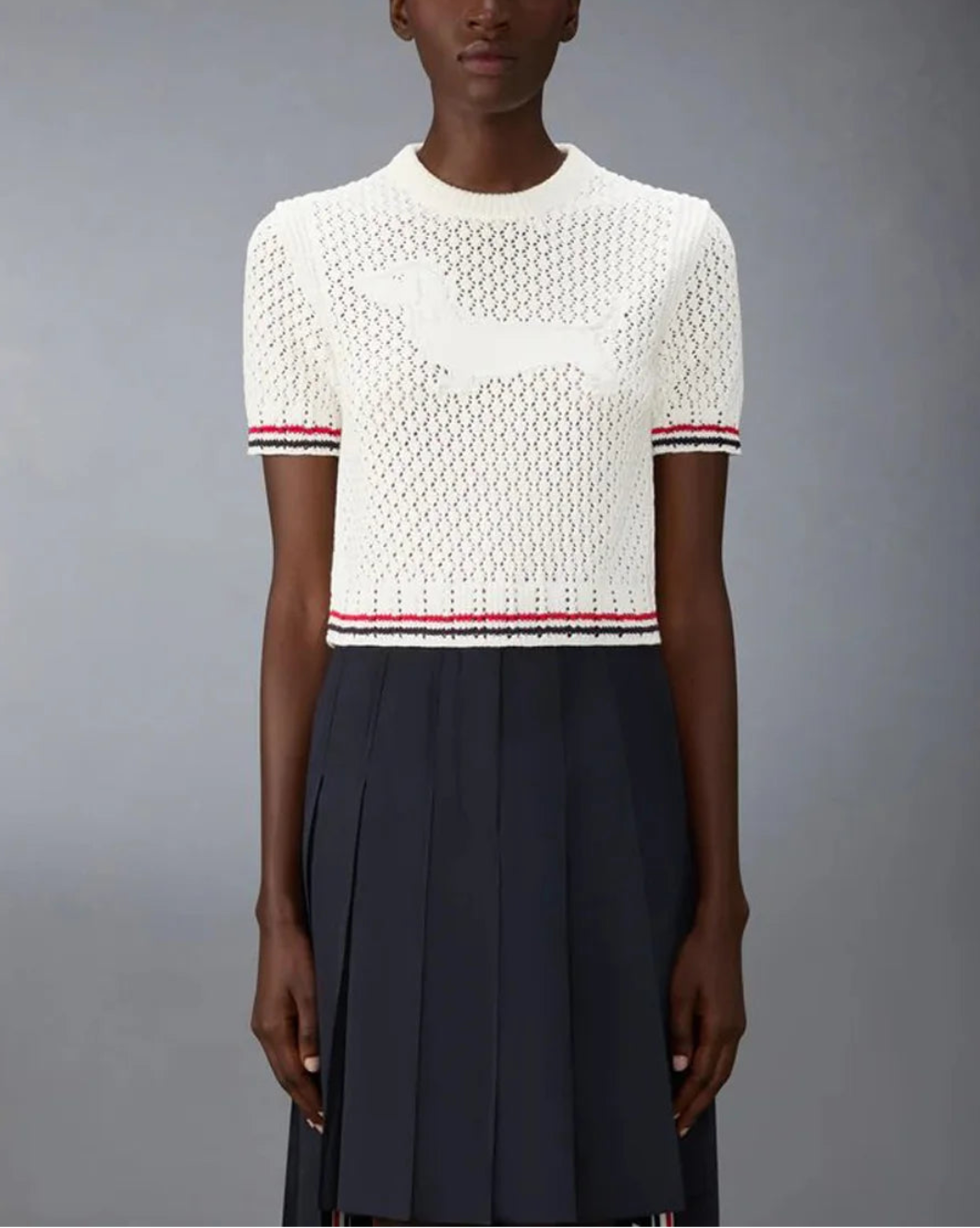 THOM BROWNE hector icon pointelle stitch crew neck tee white on figure front