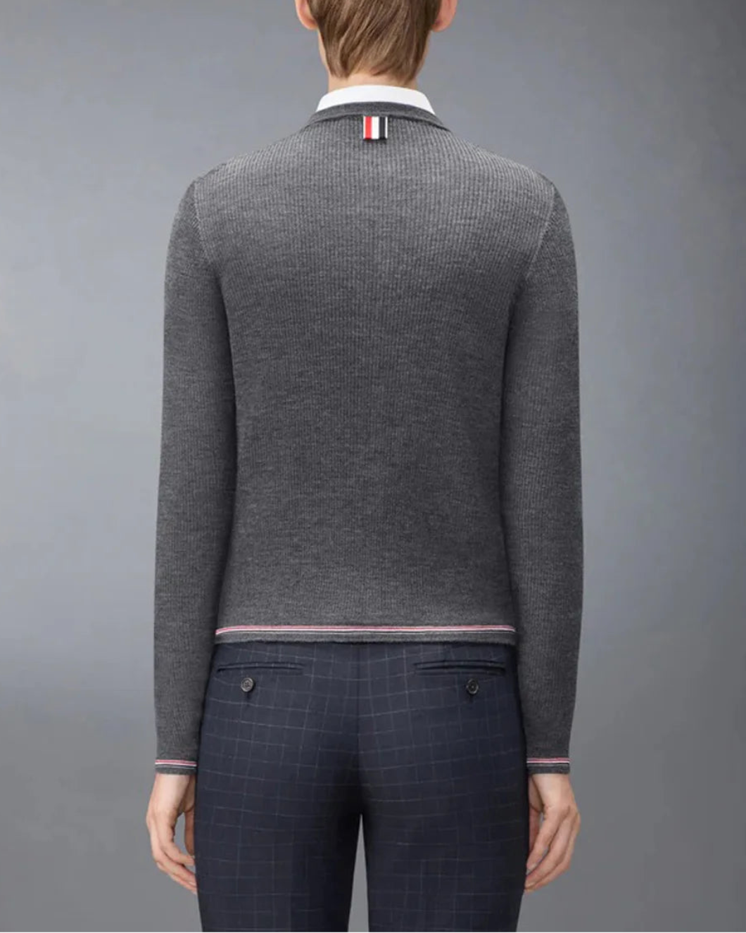 THOM BROWNE merino wool rib cardigan gray on figure back