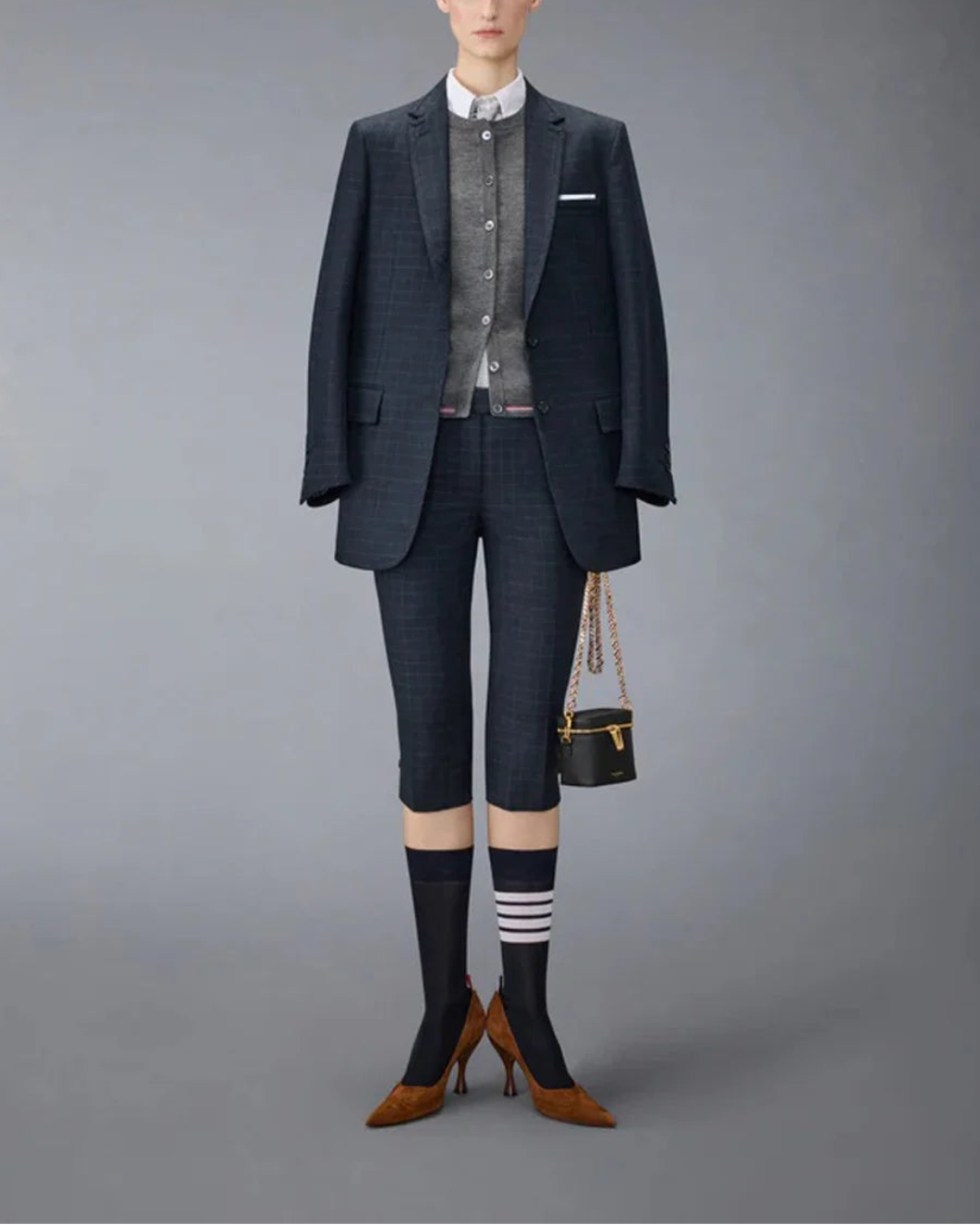THOM BROWNE merino wool rib cardigan gray on figure front