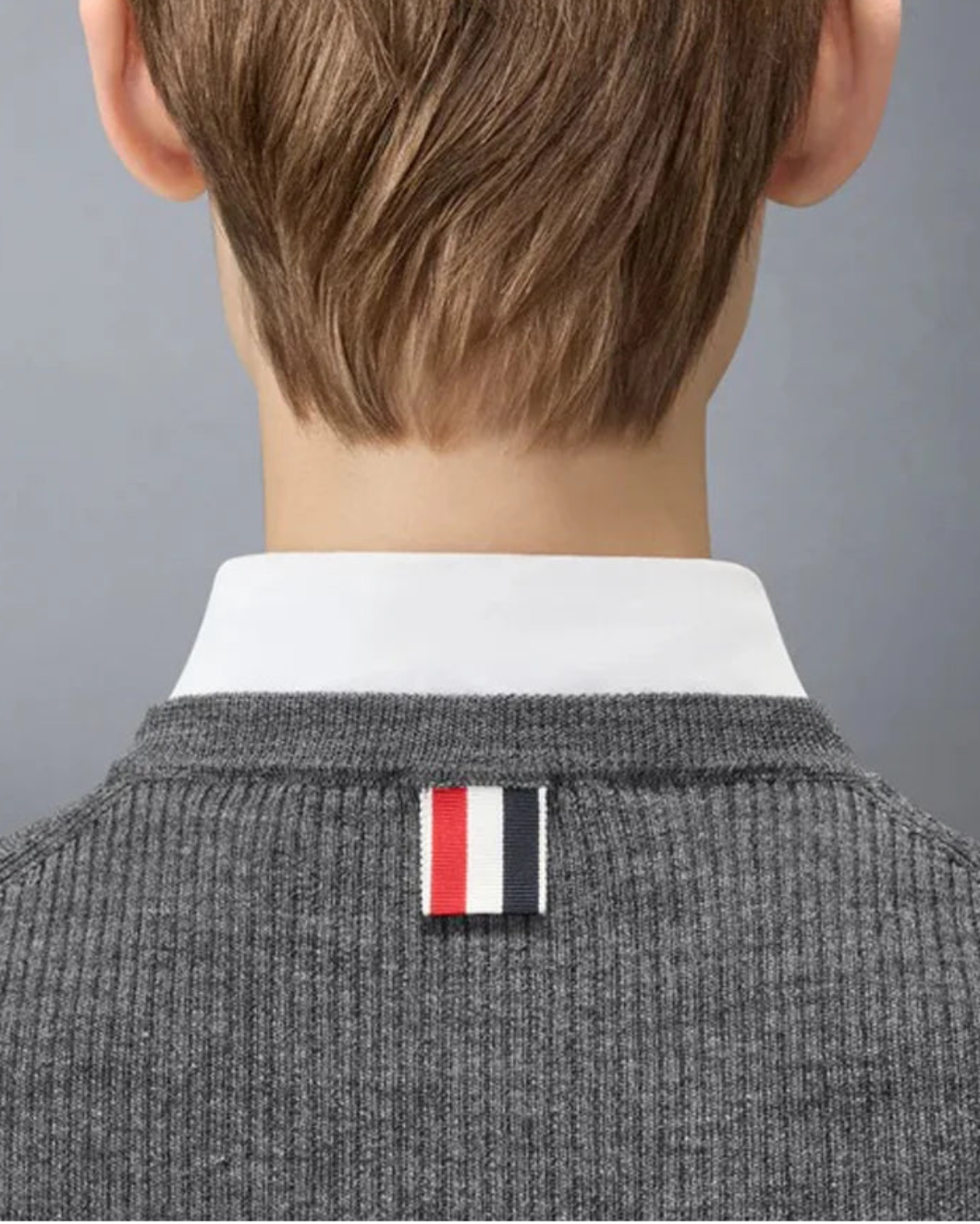 THOM BROWNE merino wool rib cardigan gray on figure back detail