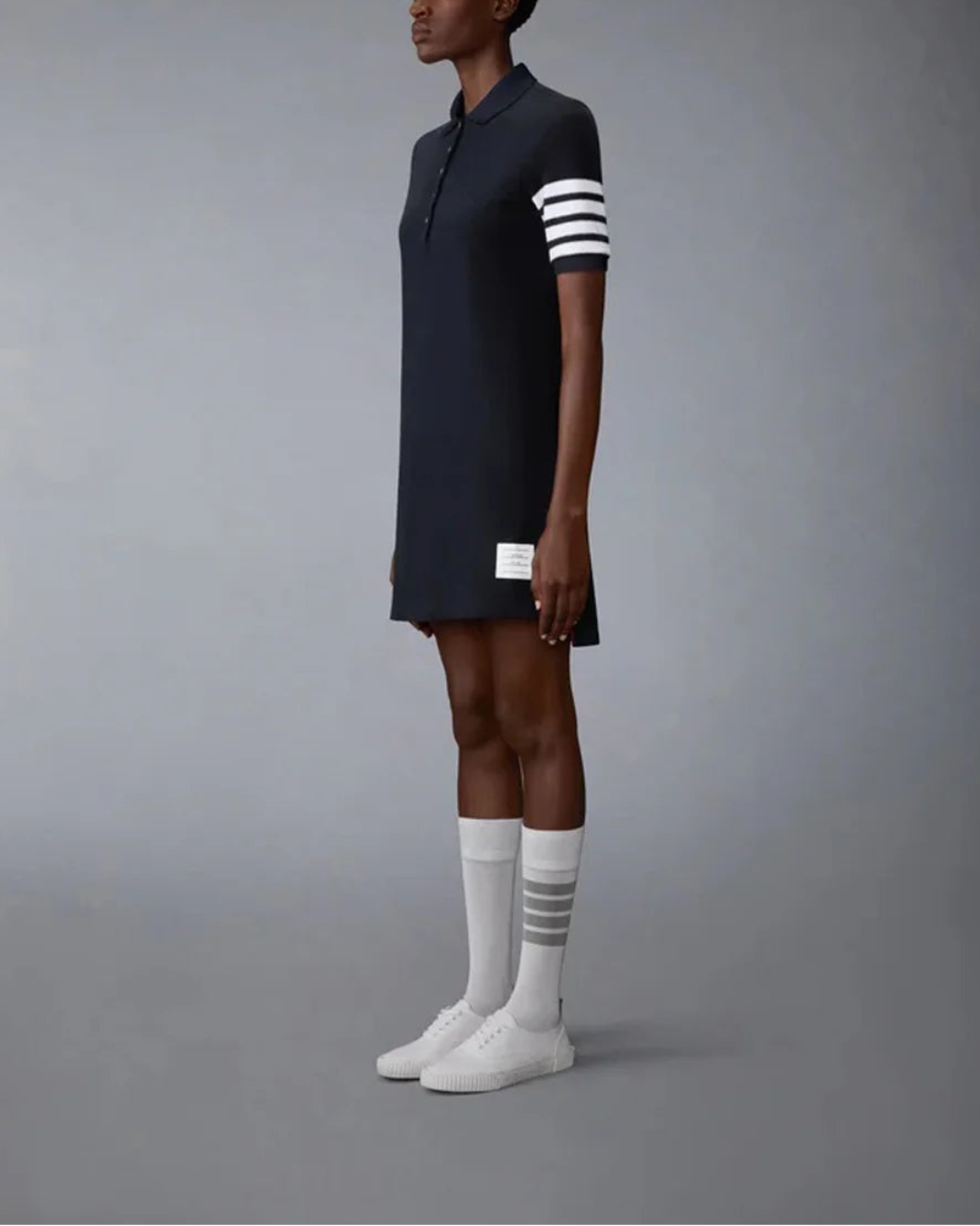 THOM BROWNE polo dress textured pique navy on figure side