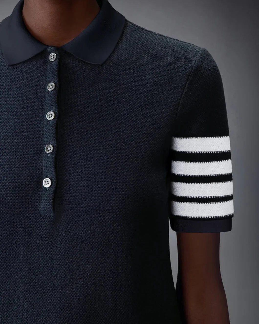 THOM BROWNE polo dress textured pique navy on figure front detail sleeve