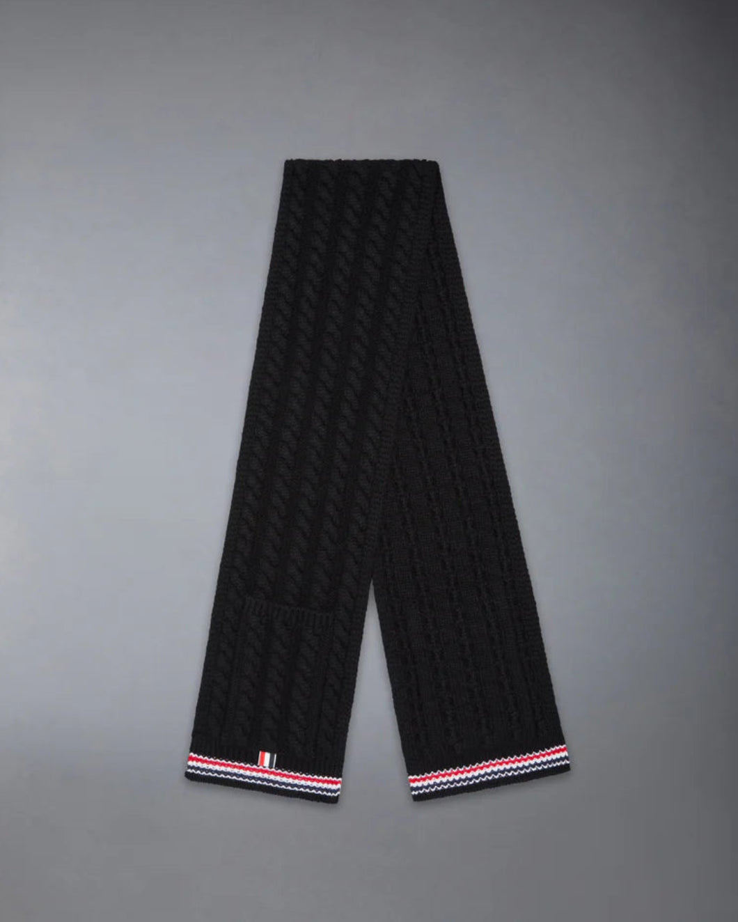 THOM BROWNE Cashmere Baby Cable Stitch RWB Stripe Pocket Scarf Black Isolated Front3