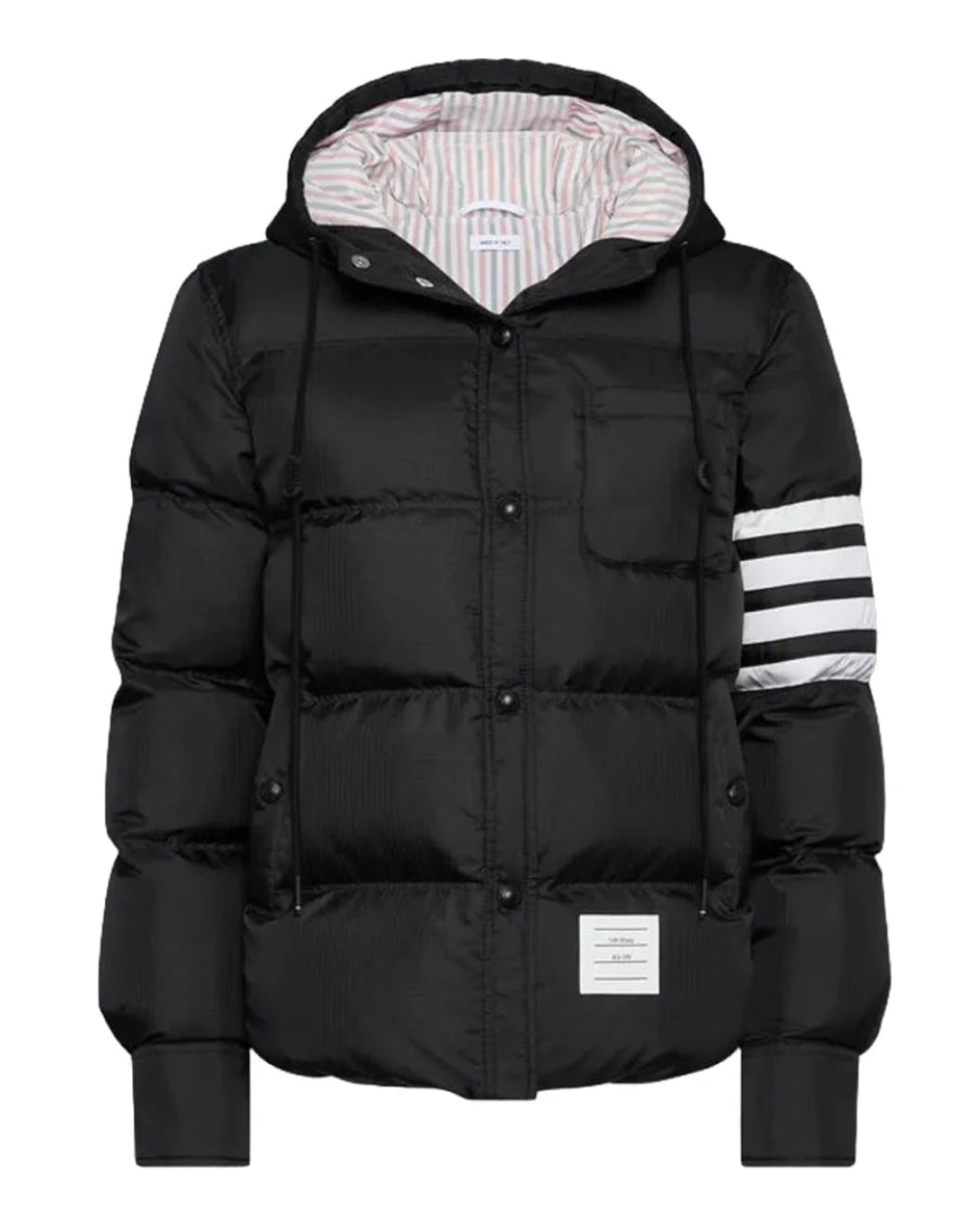 THOM BROWNE Shiny Ripstop Lightweight Down Filled 4-Bar Jacket Black Isolated Front