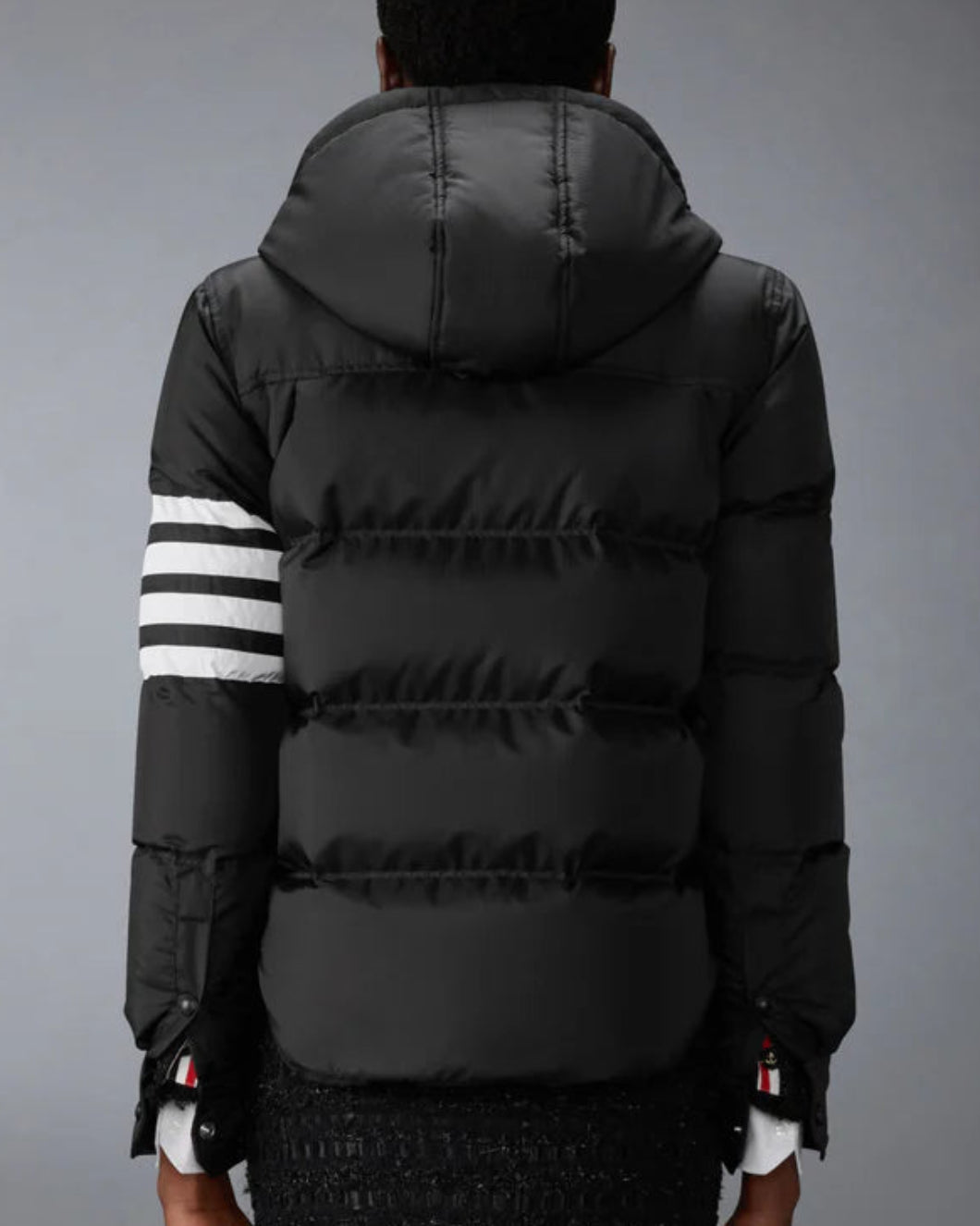 THOM BROWNE Shiny Ripstop Lightweight Down Filled 4-Bar Jacket Black On Fig Back