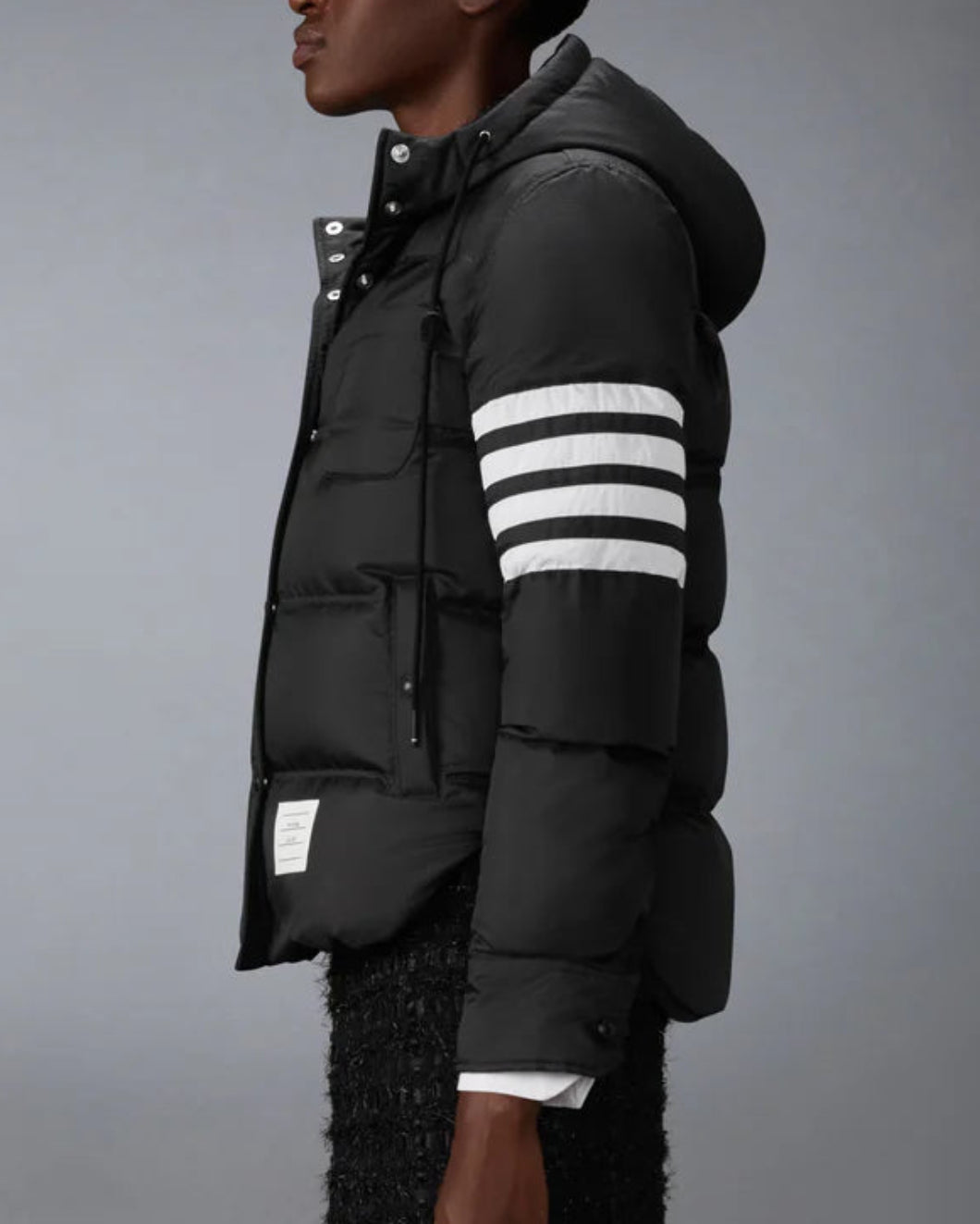 THOM BROWNE Shiny Ripstop Lightweight Down Filled 4-Bar Jacket Black On Fig Side