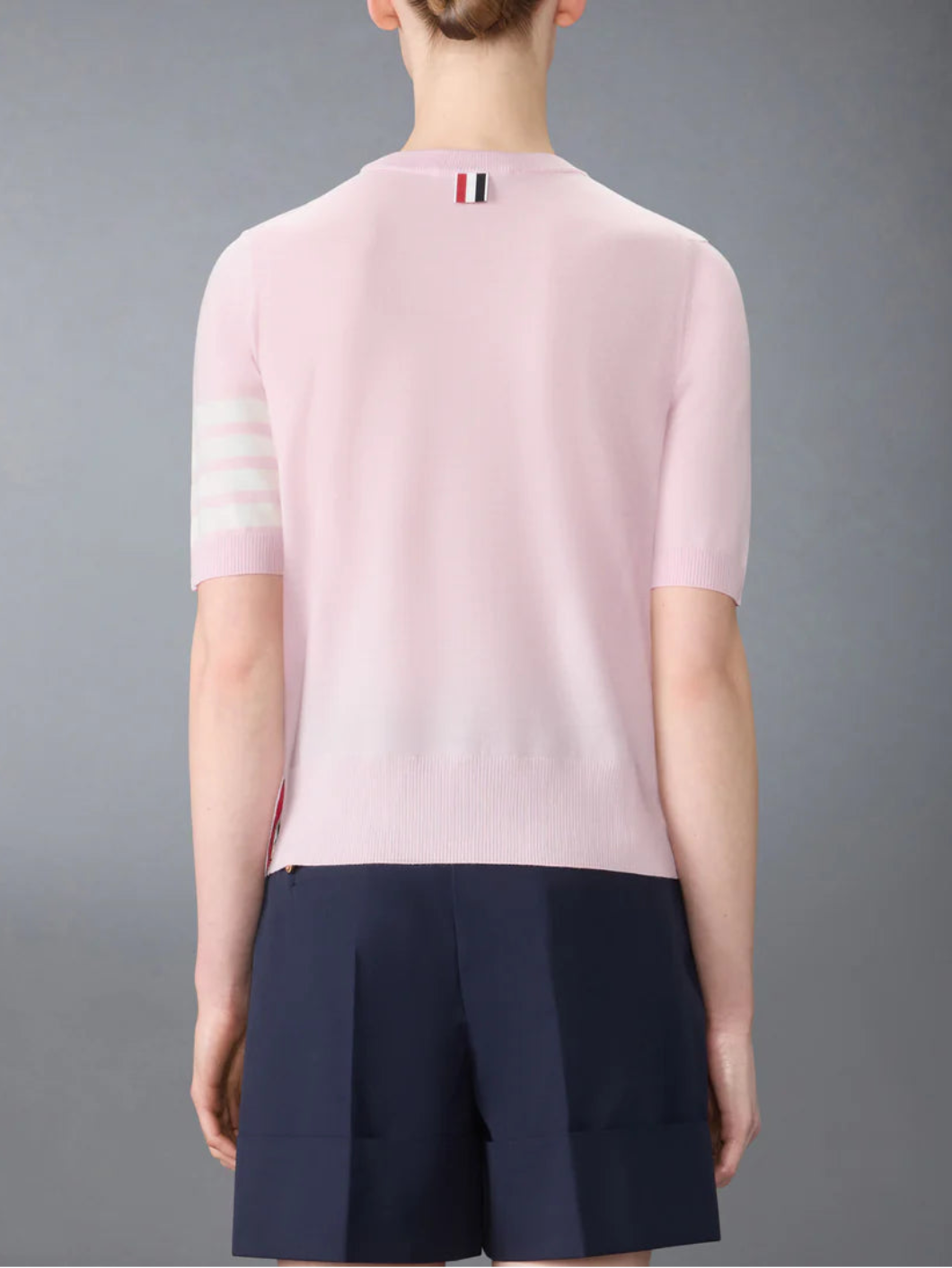 THOM BROWNE fine merino wool 4 bar tee pink on figure back