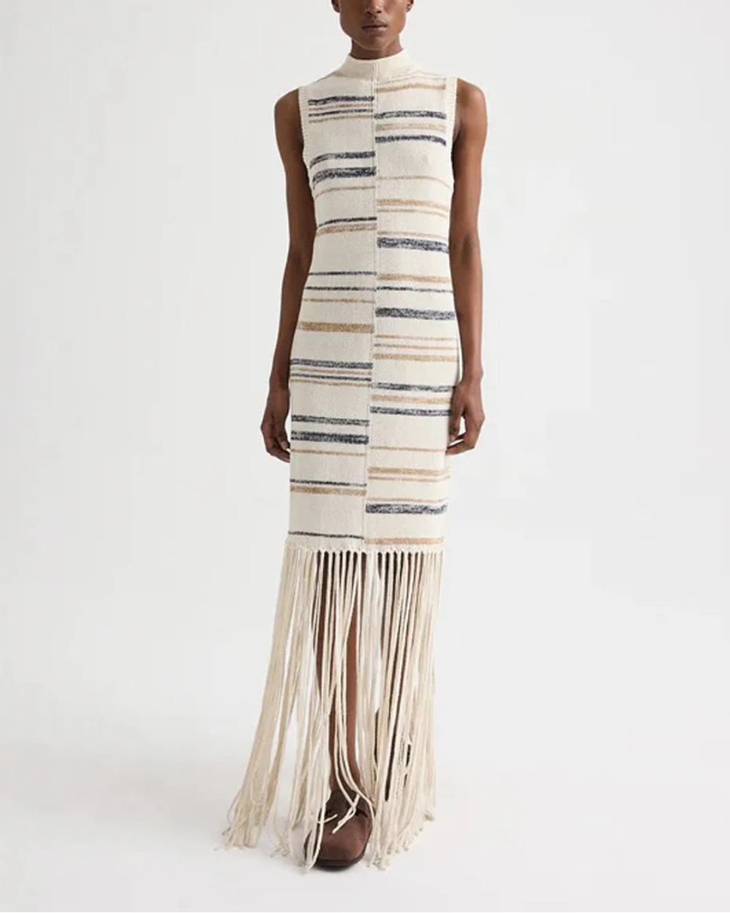 TWP Fringe Sleeveless Dress Ivory multi on figure front