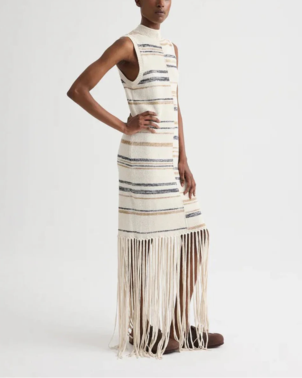 TWP Fringe Sleeveless Dress Ivory multi on figure side