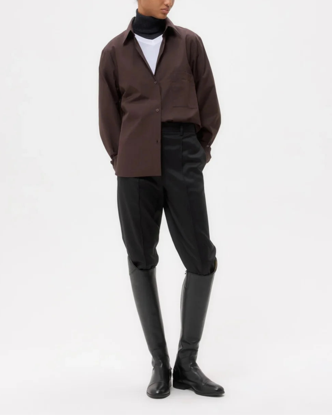 TWP Next Morning shirt chocolate on figure front