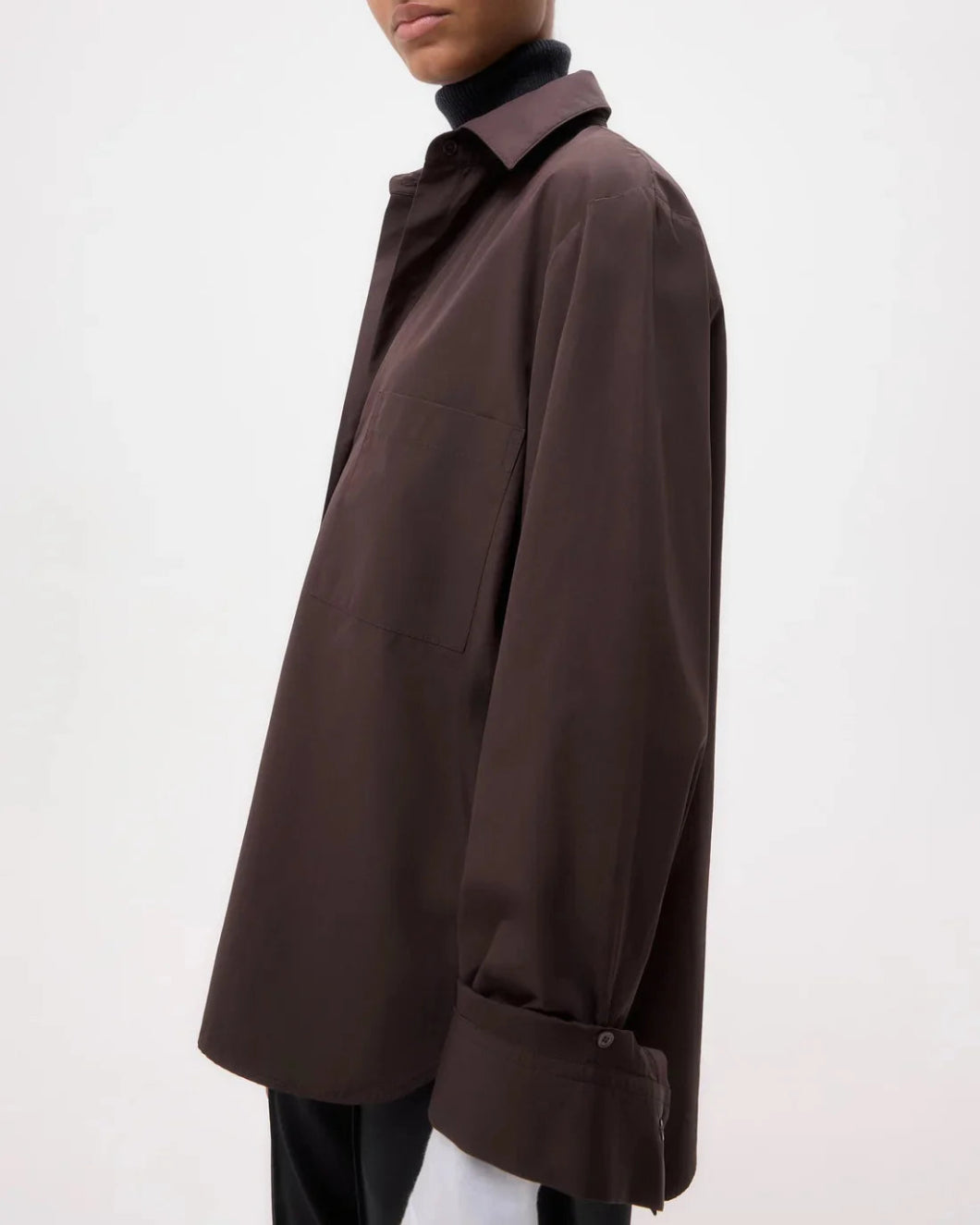 TWP Next Morning shirt chocolate on figure side