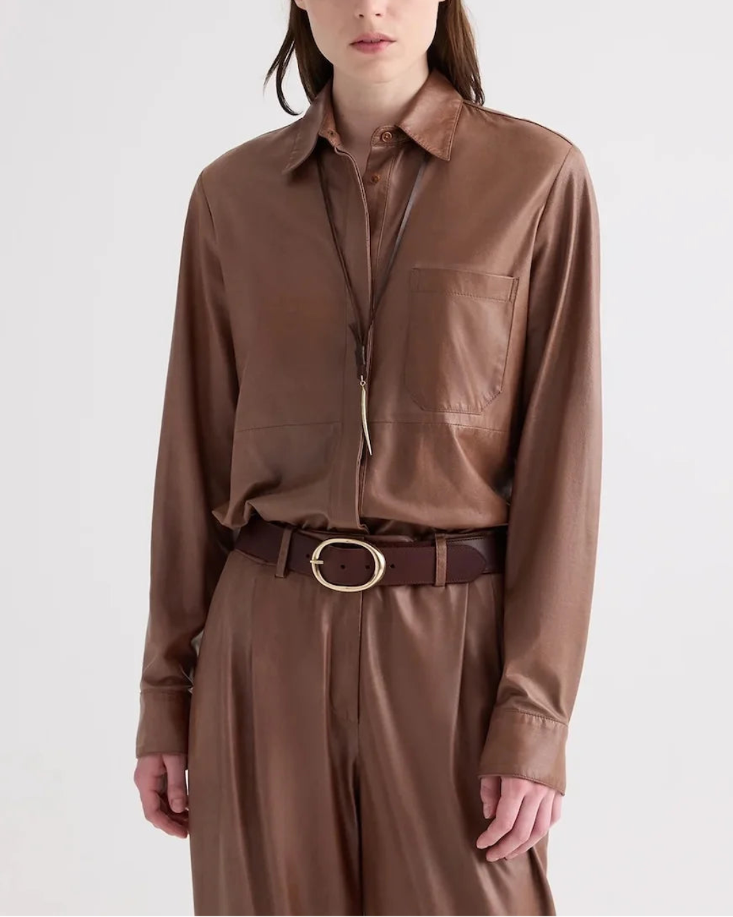 TWP cowboy update leather shirt brown on figure front 1