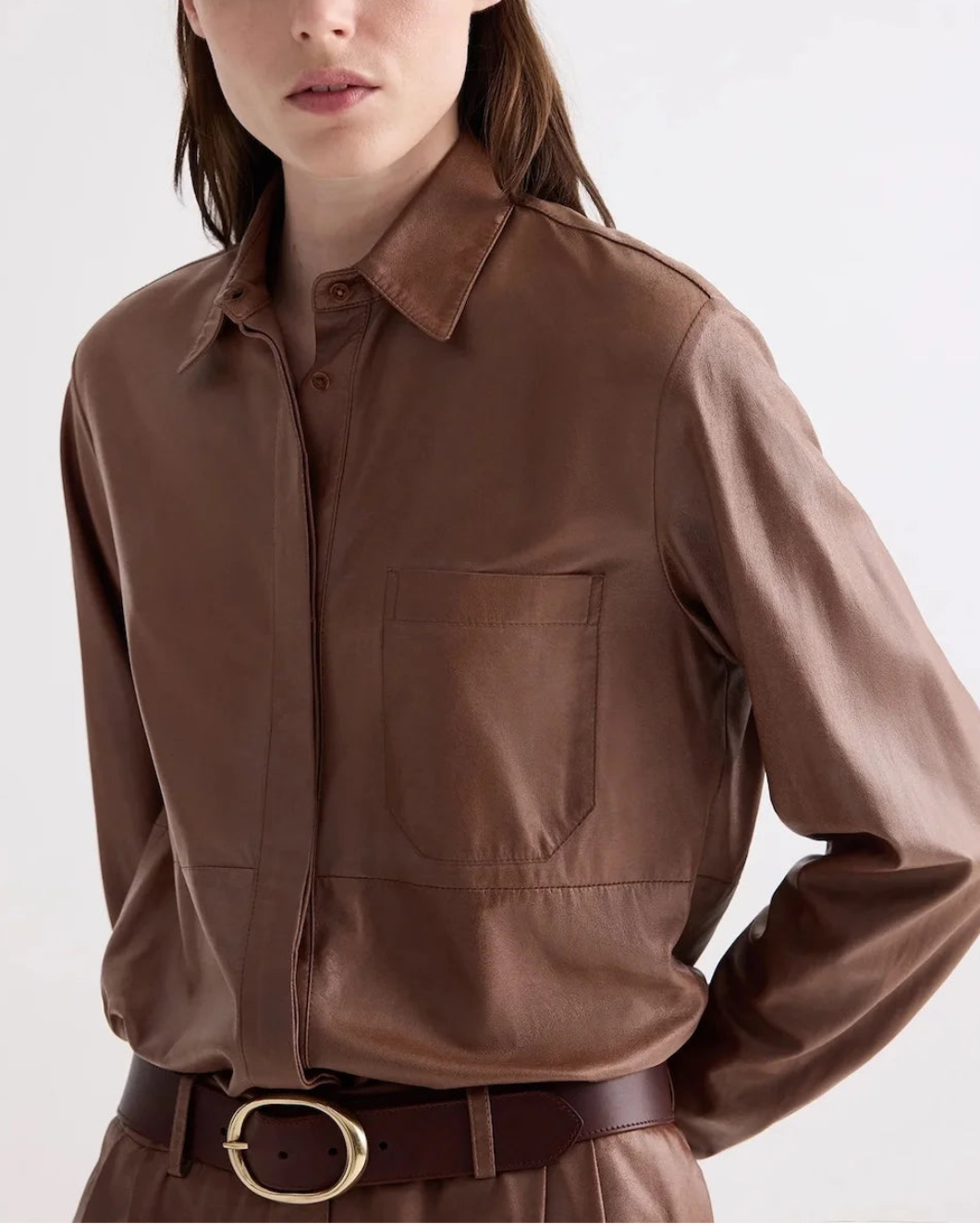 TWP cowboy update leather shirt brown on figure front 